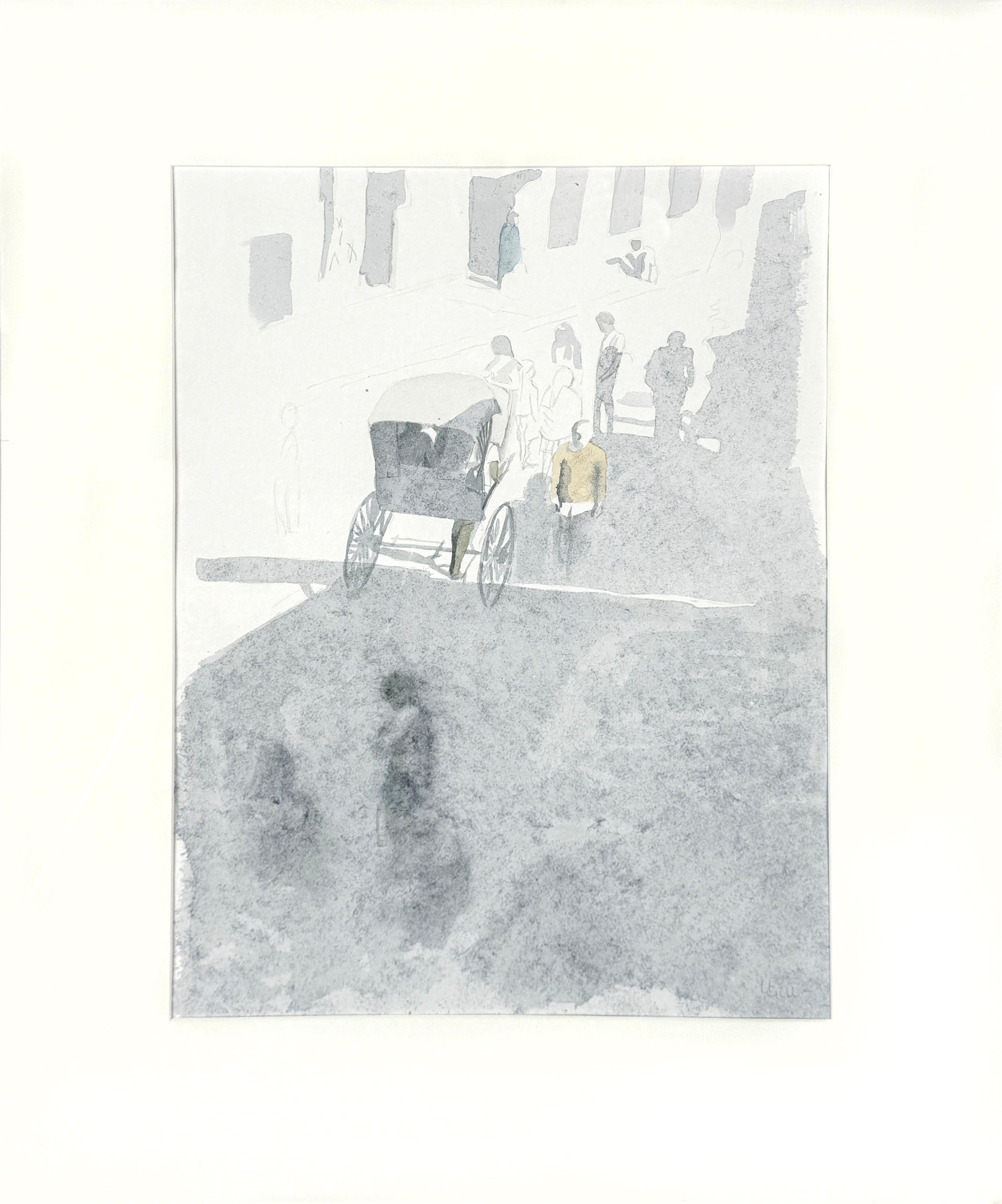 Rickshaw, Calcutta, Original-Aquarell von Ursula Gill im Angebot 1