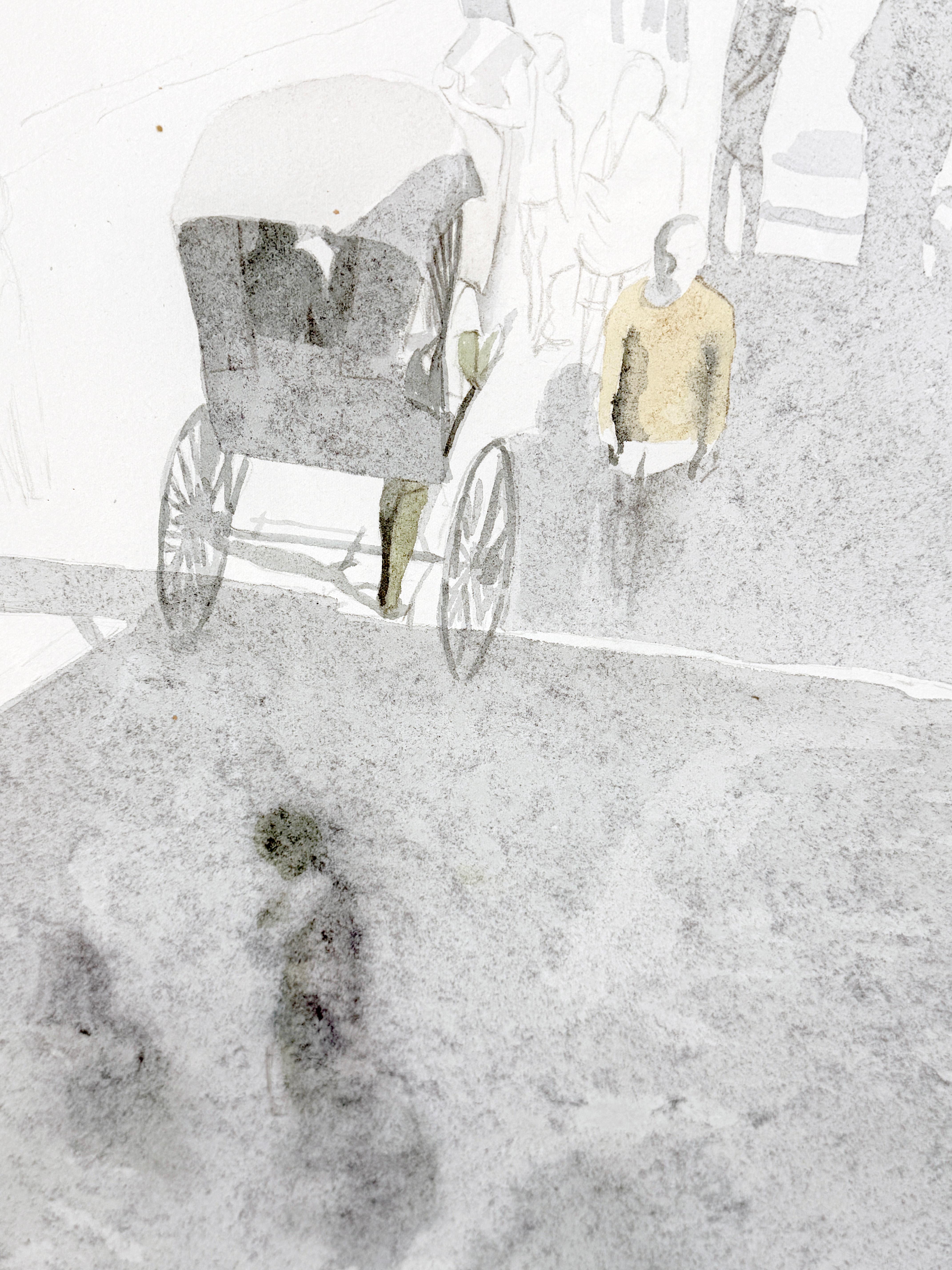 Rickshaw, Calcutta, Original-Aquarell von Ursula Gill im Angebot 3