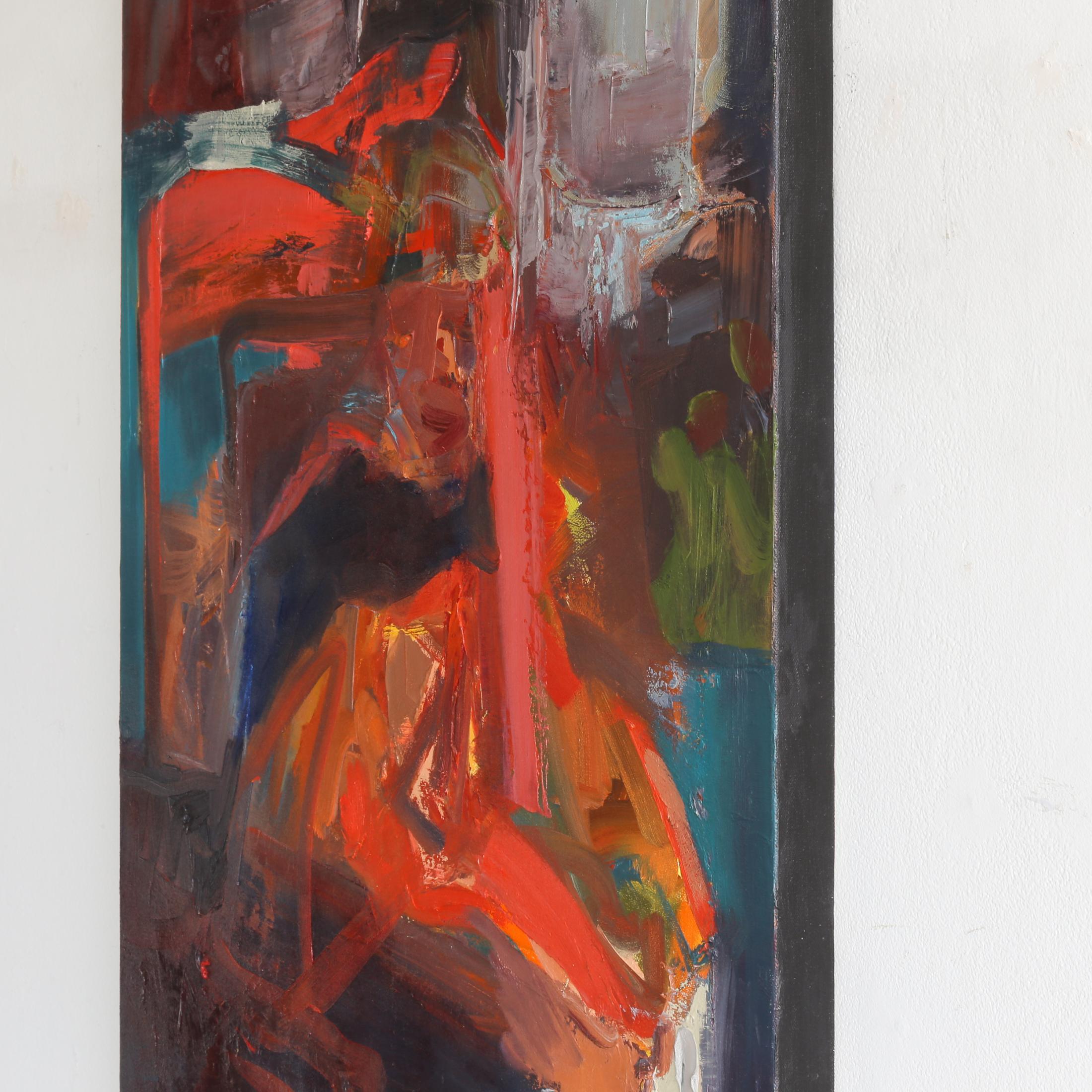 Seated Figure in Teal dell'artista Ursula O'Farrell è un olio astratto contemporaneo su tela di colore rosso, verde, blu e marrone che misura 40 x 30 e ha un prezzo di 4.200 dollari.

O'Farrell ha incentrato la sua pittura quasi esclusivamente sulla