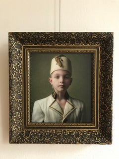 ''Lukah 1'' Dutch Contemporary Portrait of Boy in White Costume with Lizard