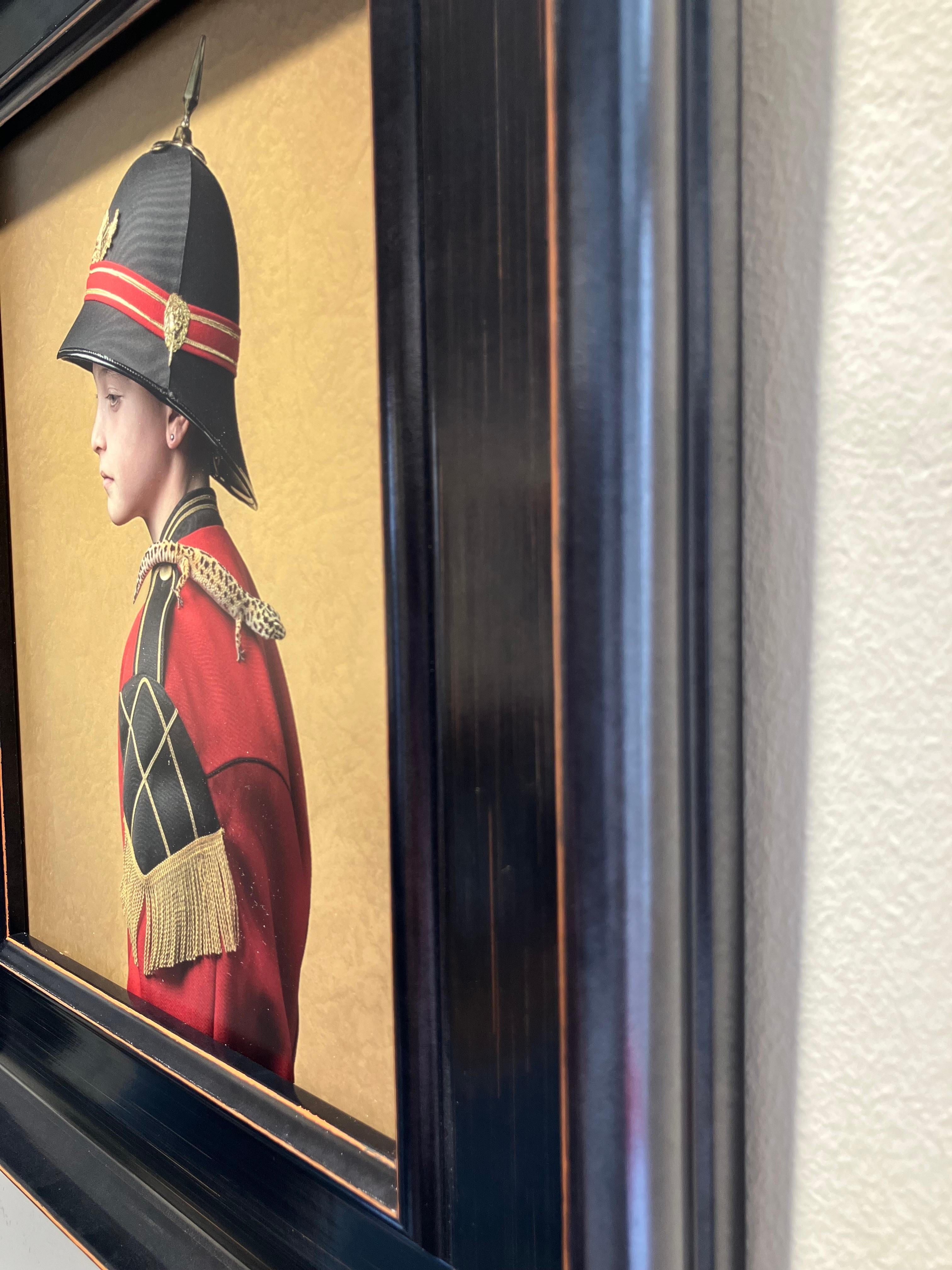 ''Lukah 2'' Dutch Contemporary Portrait of a Boy in Red Uniform with Gecko For Sale 2