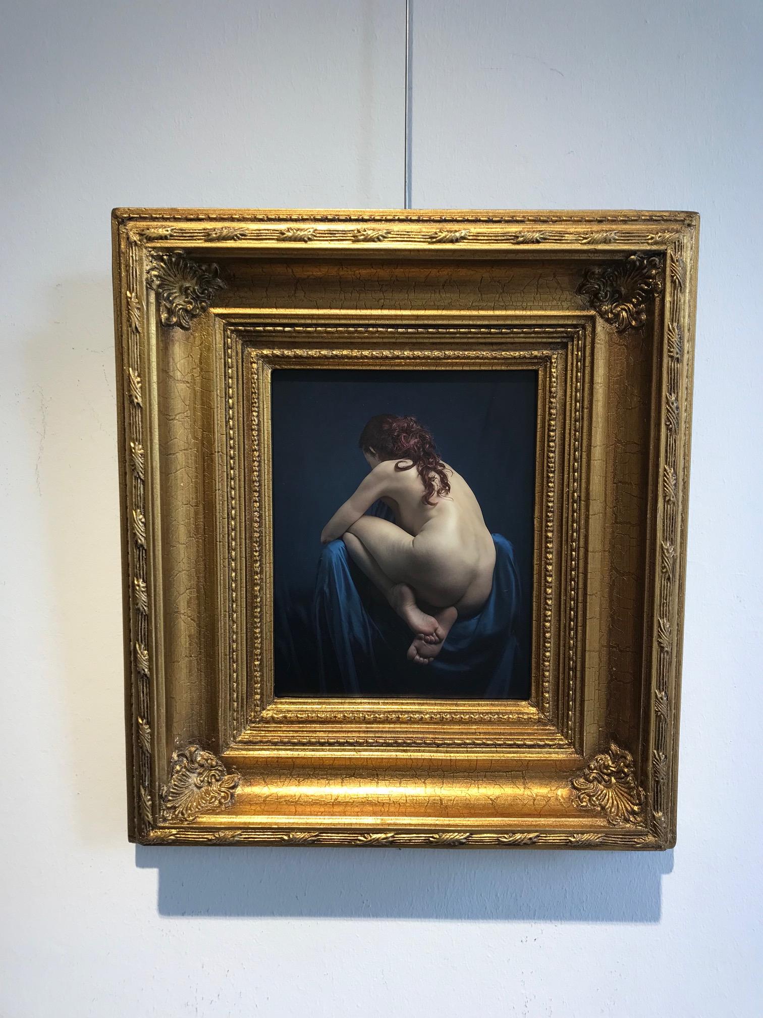 ''Nude in Blue'' Dutch Contemporary Portrait of Nude Female on Blue - Photograph by Ursula van de Bunte
