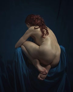 ''Nude in Blue'' Dutch Contemporary Portrait of Nude Female on Blue