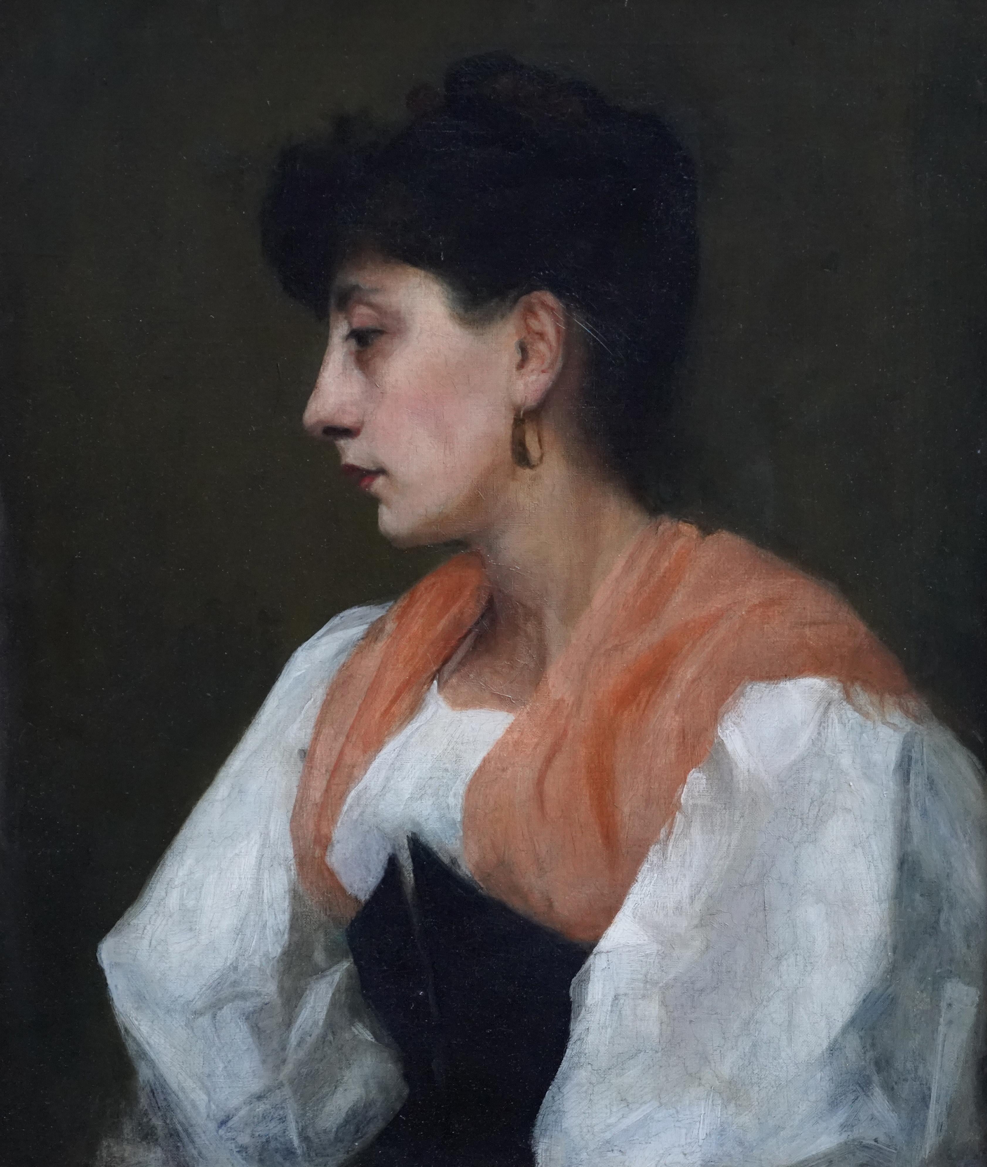 Portrait of a Lady in Orange Shawl - British Edwardian art portrait oil painting For Sale 6