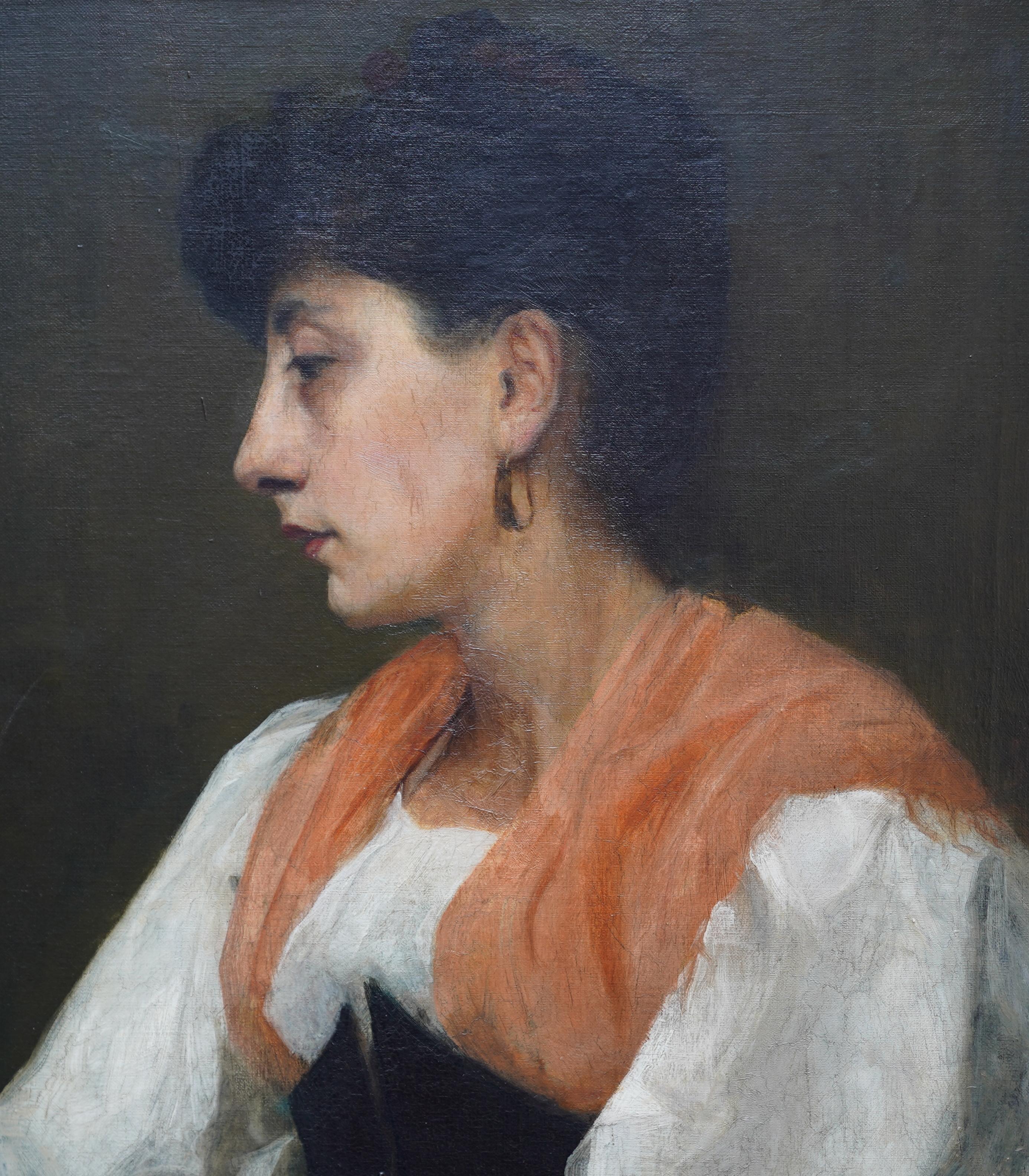 Porträt einer Dame in orangefarbenem Schal – britisches edwardianisches Porträt-Ölgemälde (Realismus), Painting, von Ursula Wood (att)
