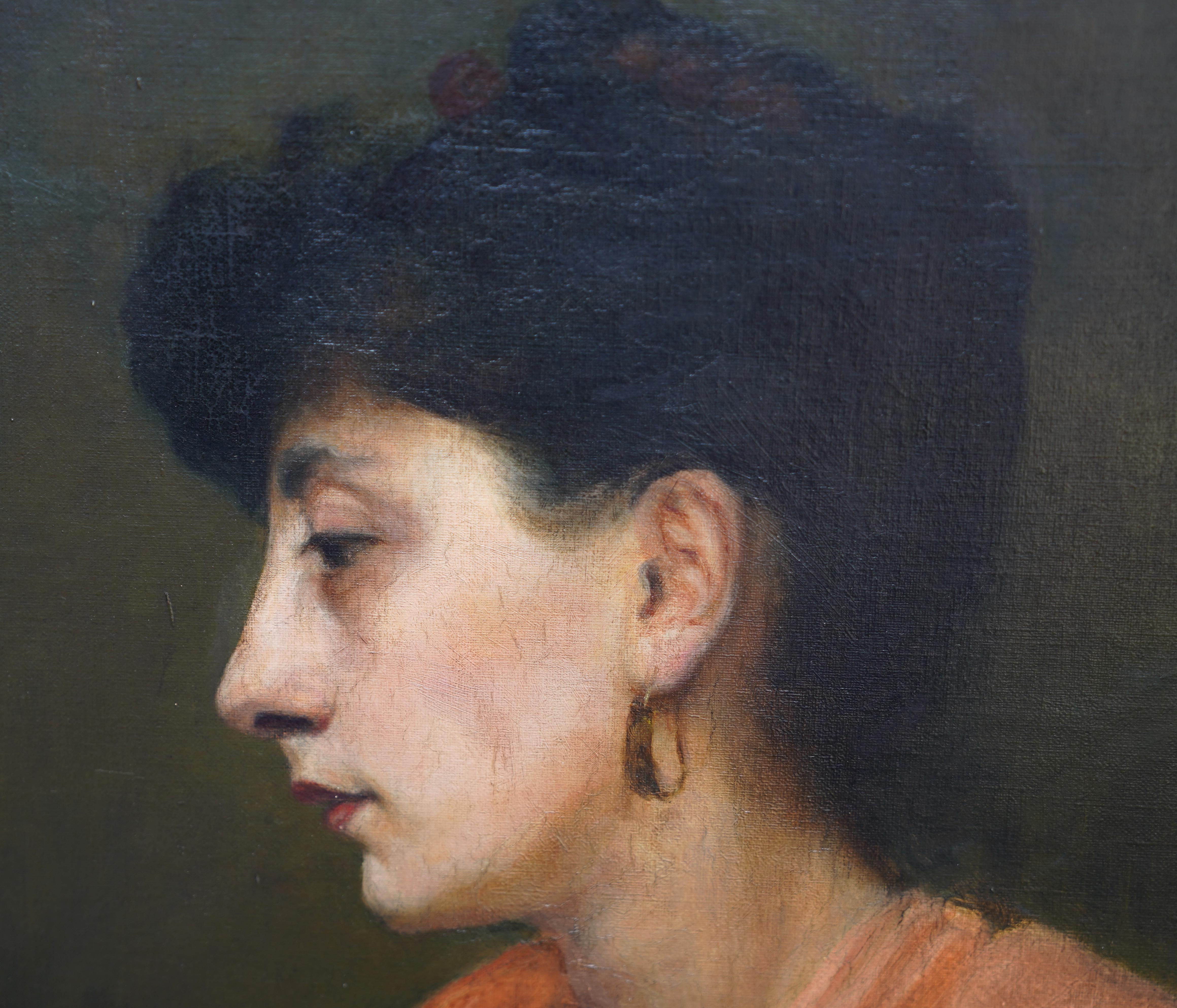 Portrait of a Lady in Orange Shawl - British Edwardian art portrait oil painting For Sale 1