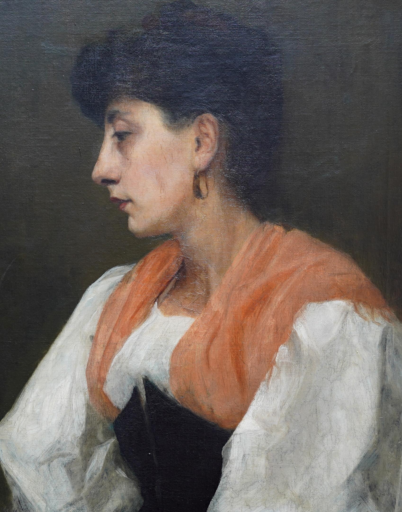 Portrait of a Lady in Orange Shawl - British Edwardian art portrait oil painting For Sale 2