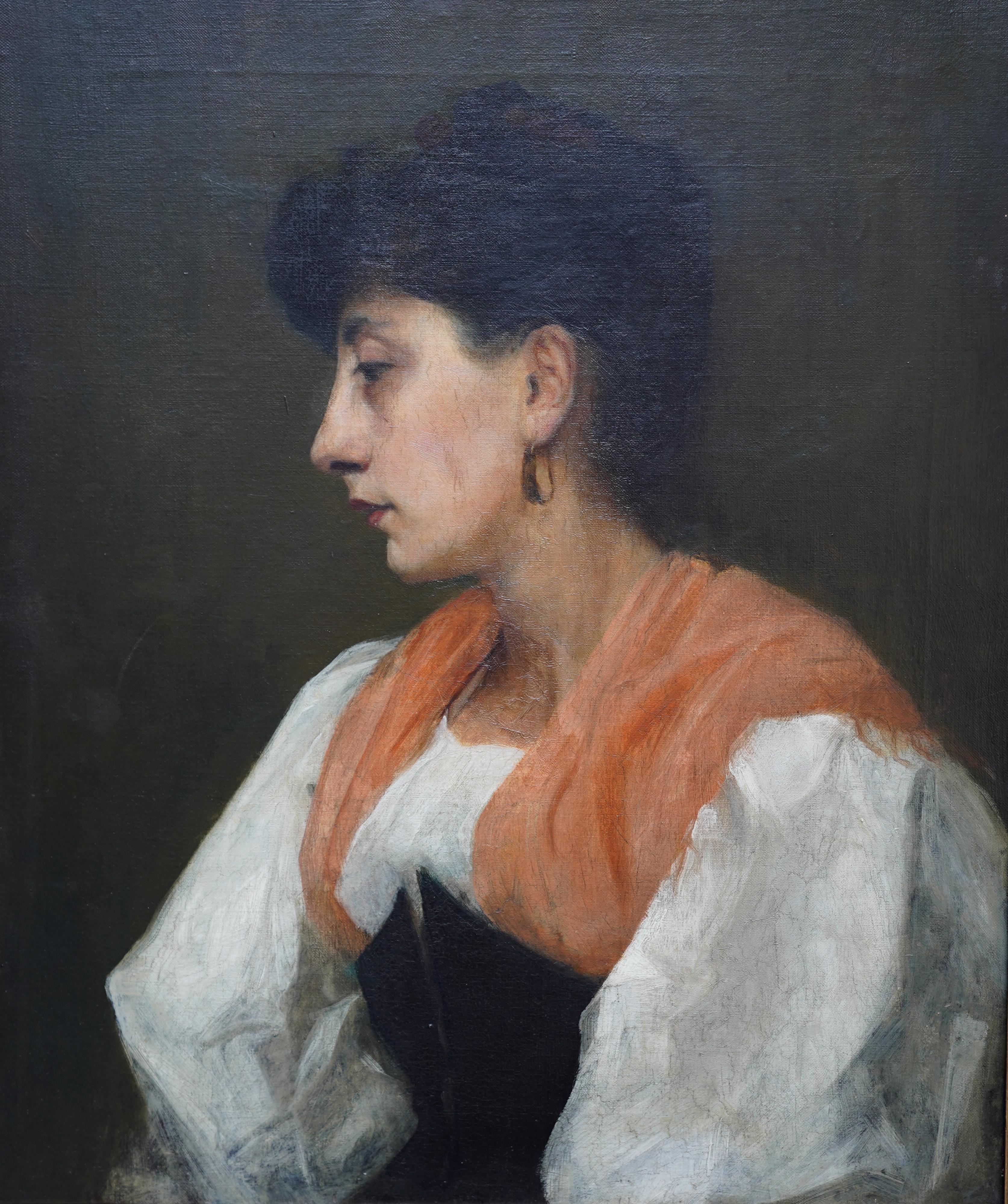 Portrait of a Lady in Orange Shawl - British Edwardian art portrait oil painting For Sale 3