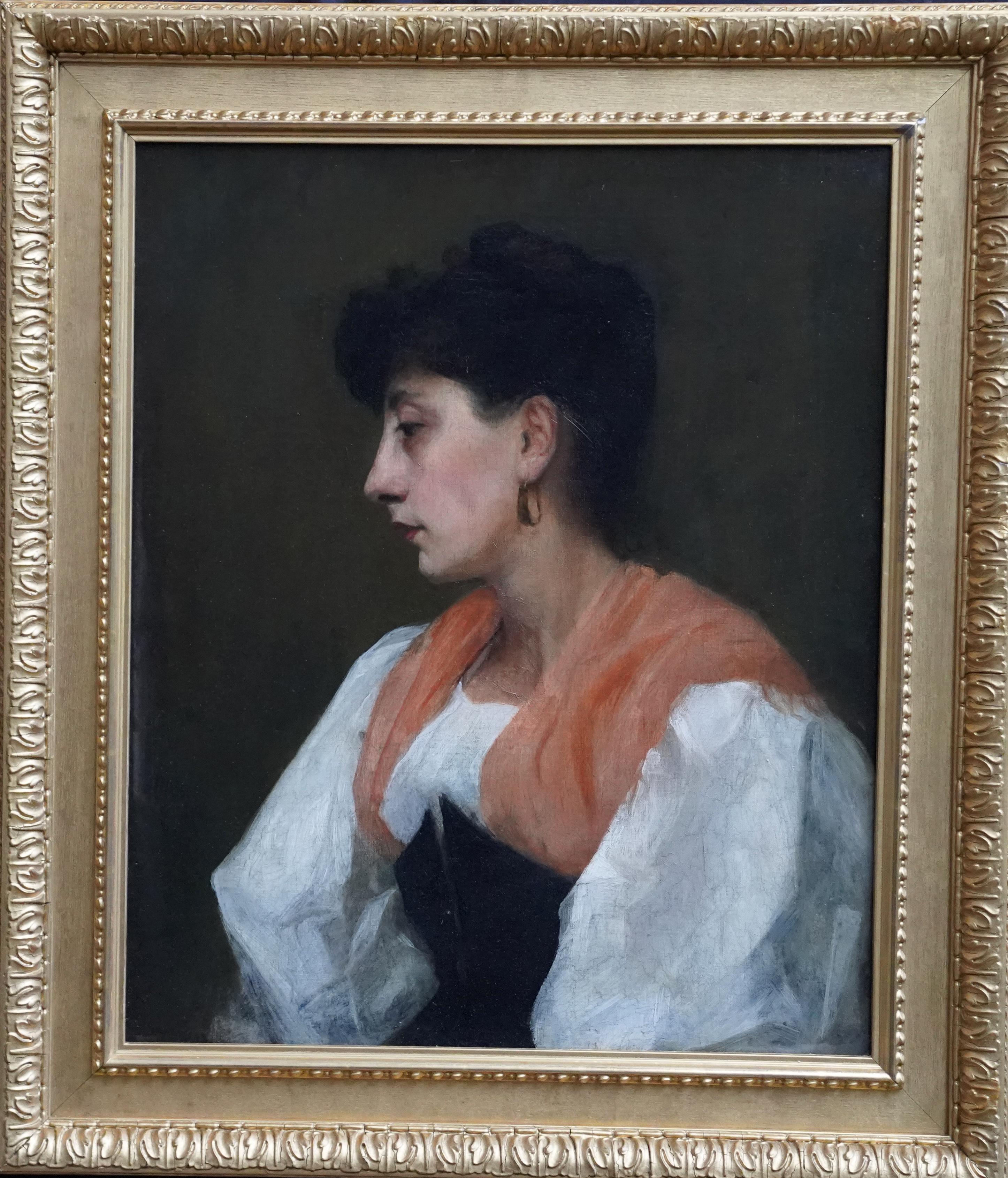 Ursula Wood (att) Portrait Painting – Porträt einer Dame in orangefarbenem Schal – britisches edwardianisches Porträt-Ölgemälde