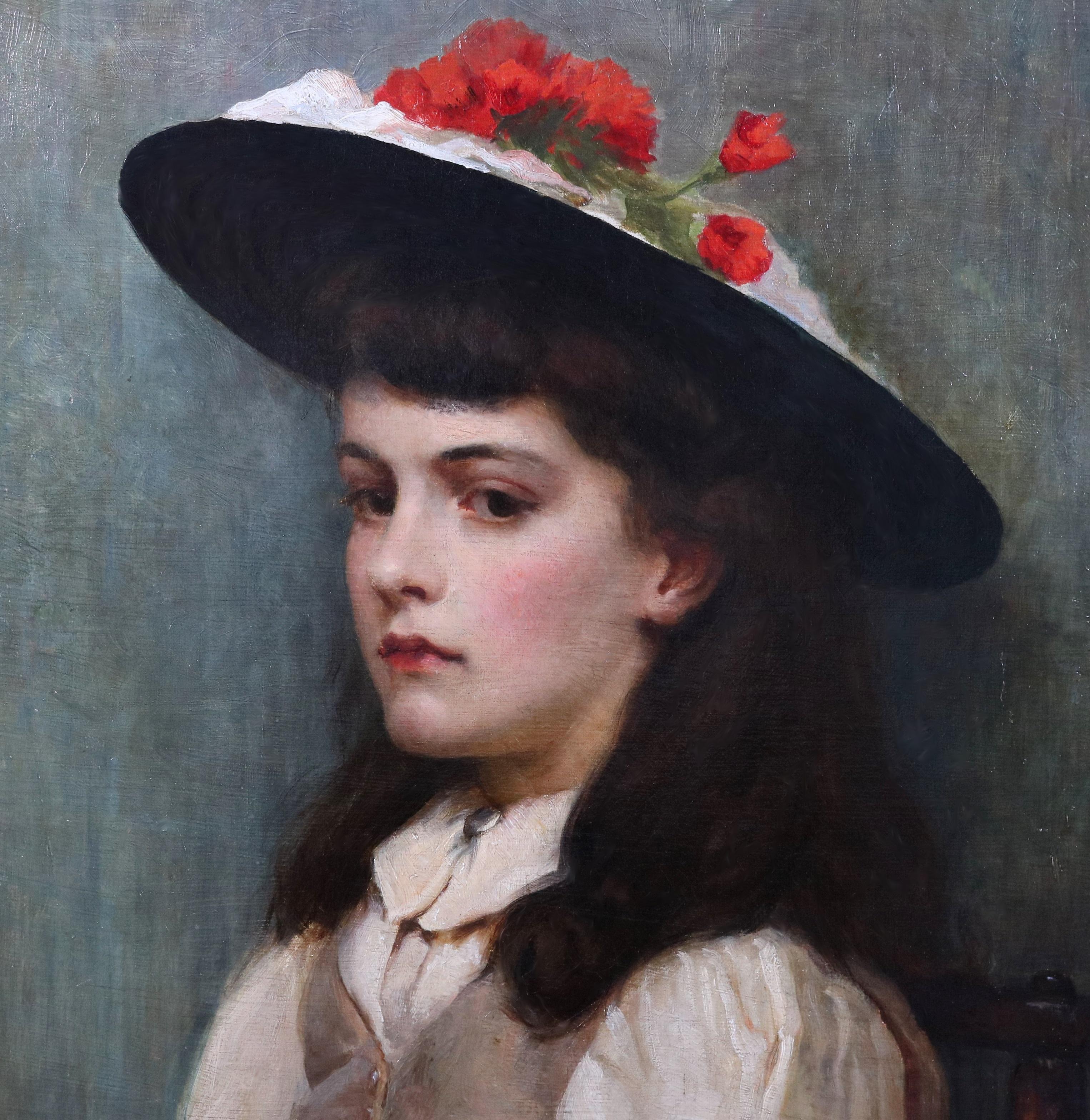 Miss Burnett - Peinture à l'huile du 19e siècle Portrait Jeune fille Beauté victorienne - Gris Figurative Painting par Ursula Wood S.W.A.