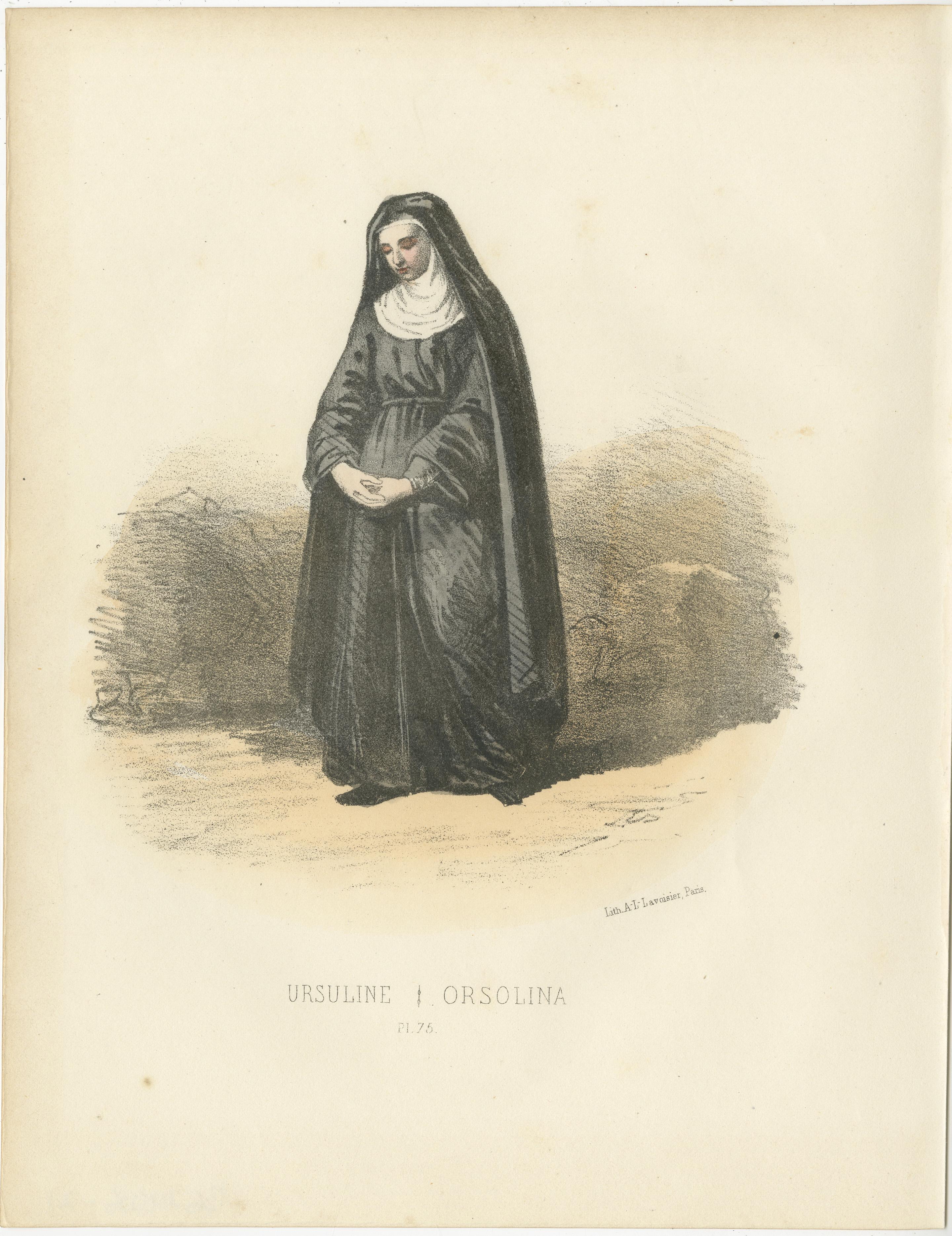 Ursuline - 1862 Hand-Colored Lithograph of an Ursuline Nun  

This 1862 hand-colored lithograph features an Ursuline nun, a serene representation of devotion and education. She is dressed in a modest black habit with a white wimple and veil,