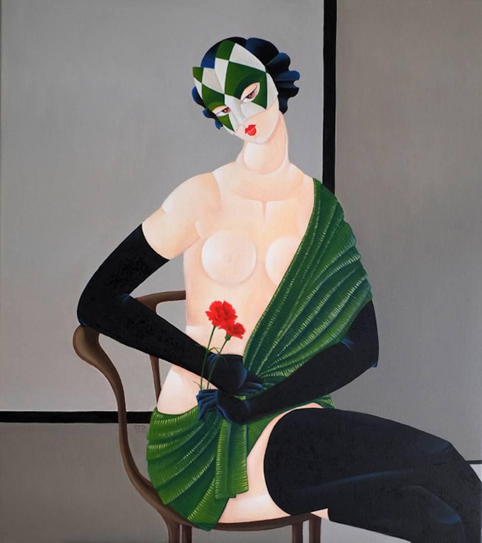 Semi Nude With Red Carnation  - Painting by Urszula Tekieli