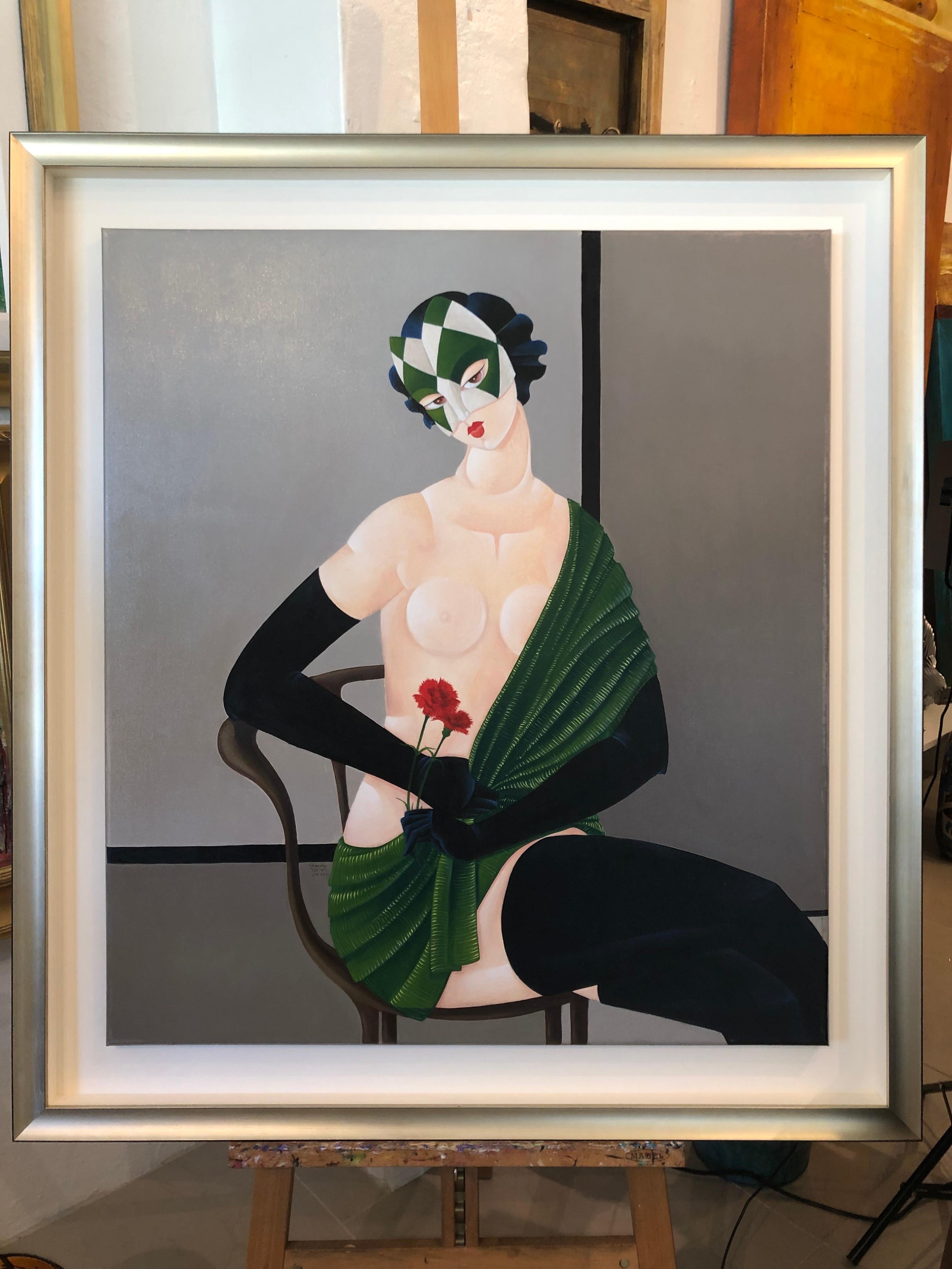 Semi Nude Zeitgenössische Malerei von einer Frau auf dem Stuhl sitzend (Art déco), Painting, von Urszula Tekieli