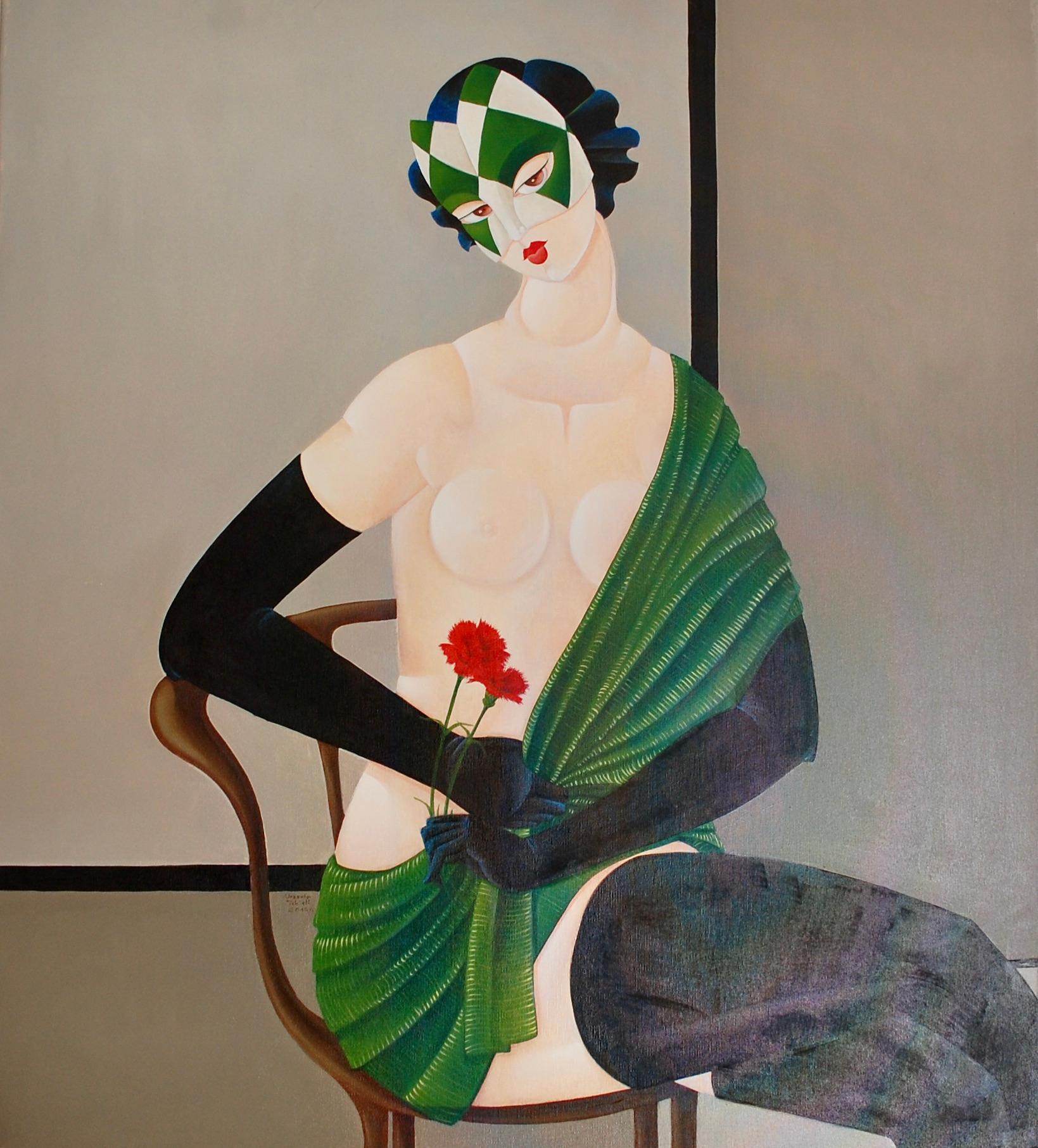 Semi Nude Zeitgenössische Malerei von einer Frau auf dem Stuhl sitzend
Dianthus caryophyllus 
Halbakt mit roter Kornblume, gerahmt.
Urszula Tekieli wurde 1979 in Krakau, Polen, geboren. Sie schloss 1999 die Hochschule für Bildende Künste in Krakau