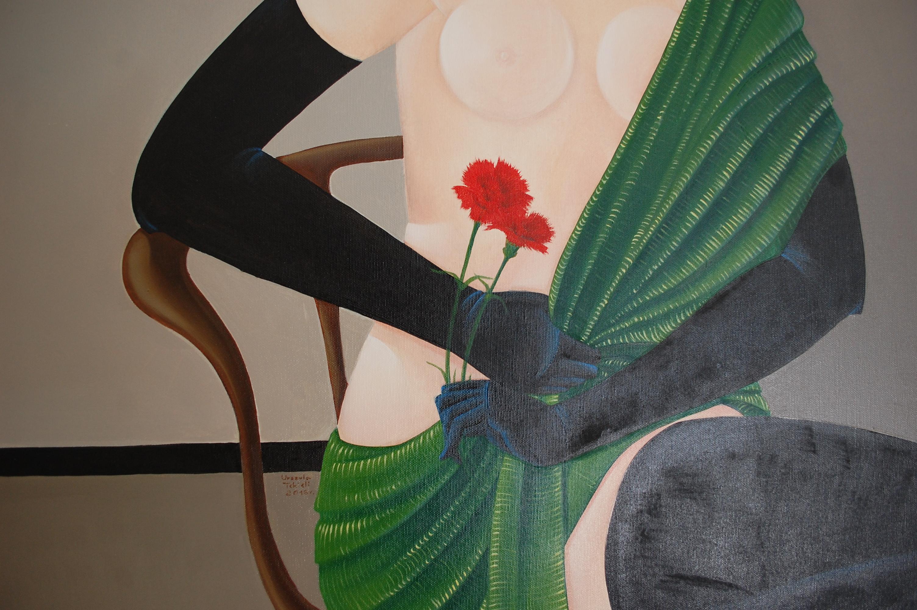 Semi Nude With Red Carnation  - Art Deco Painting by Urszula Tekieli