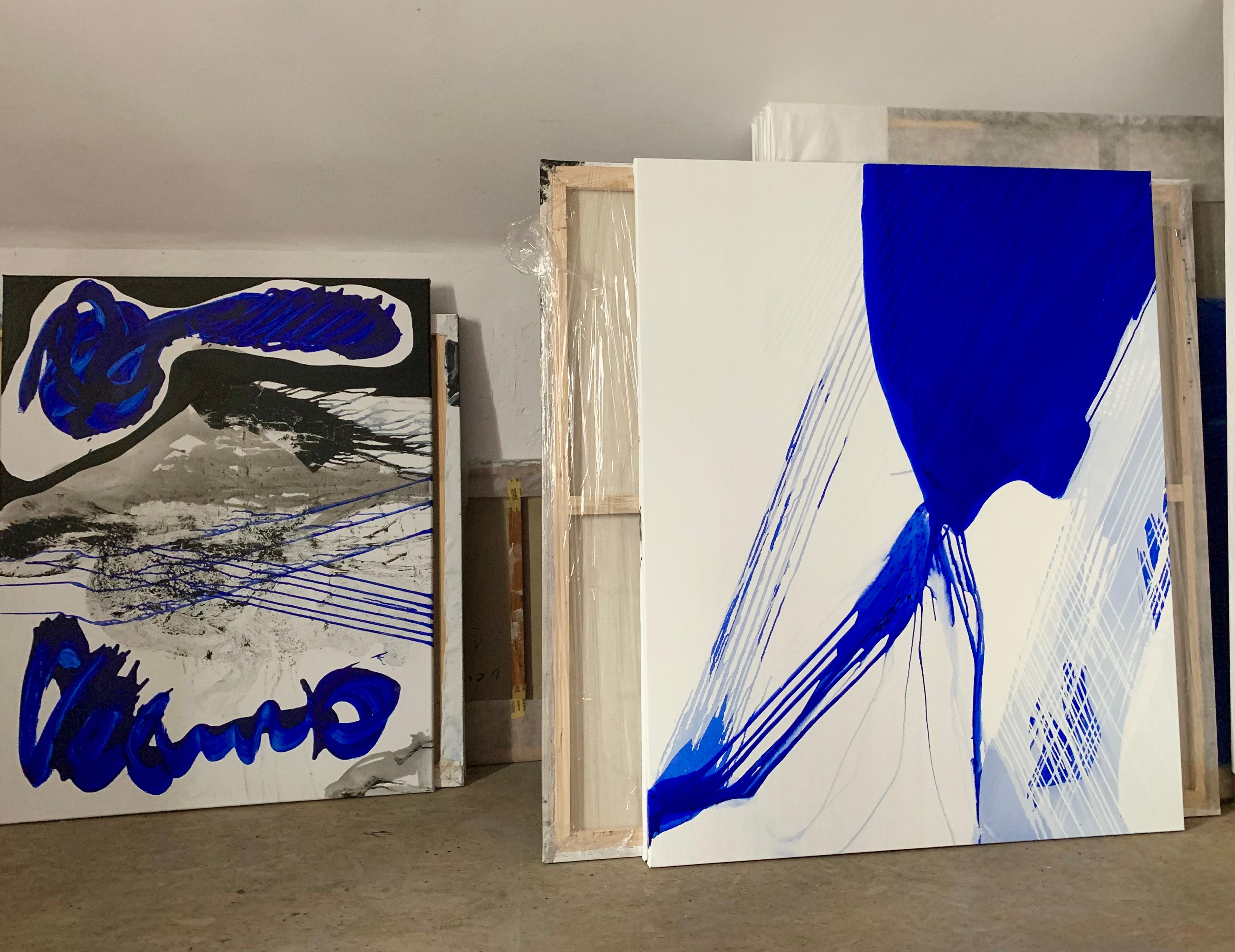 Bluemetrie Series - Modern Blue-White  Abstract Oil Painting, XL Conceptual Art  For Sale 1