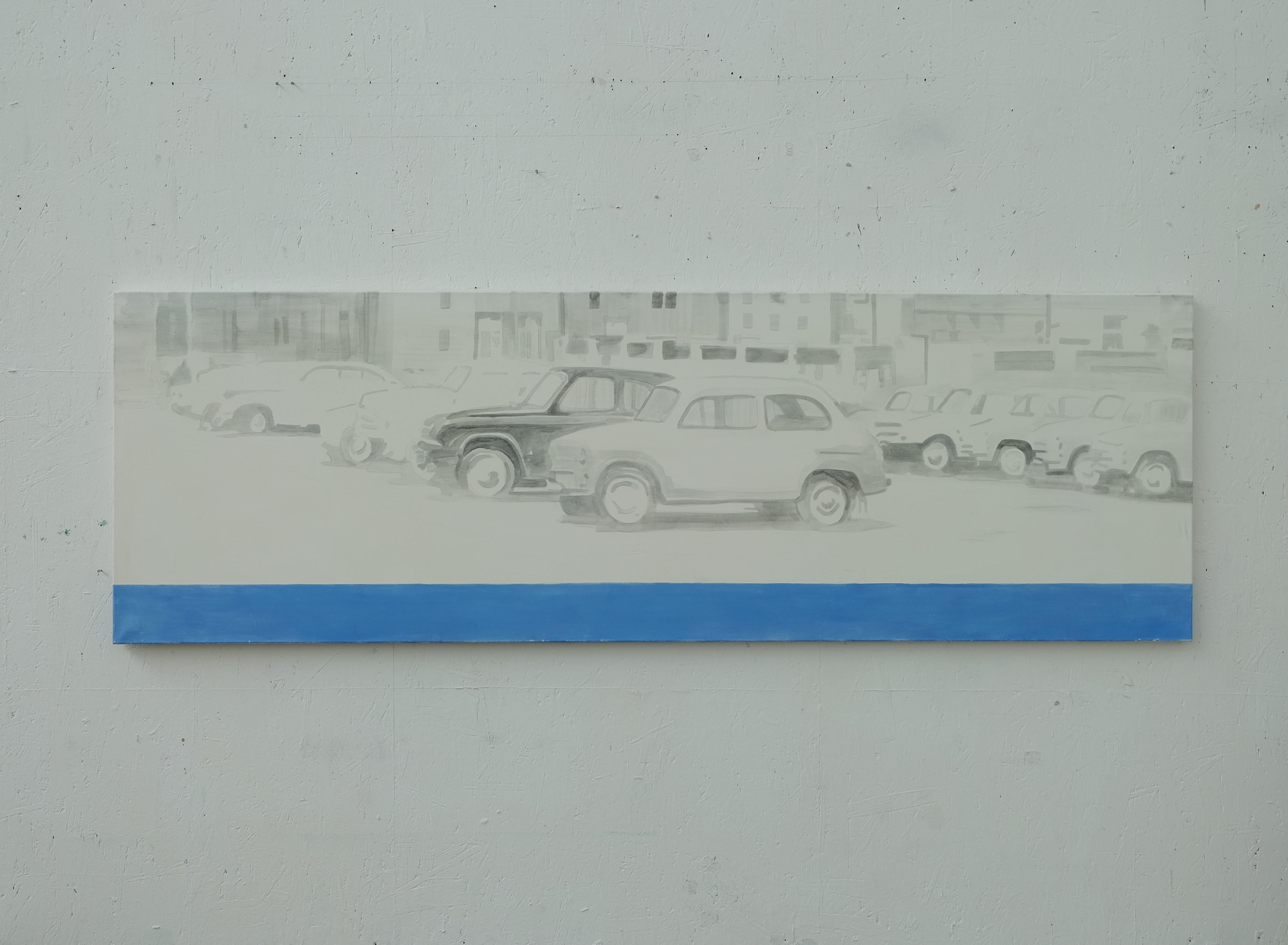 Contemporary Oil on Canvas Painting - Cars - Emerging Artist - Gray Figurative Painting by Urte Truskauskaite