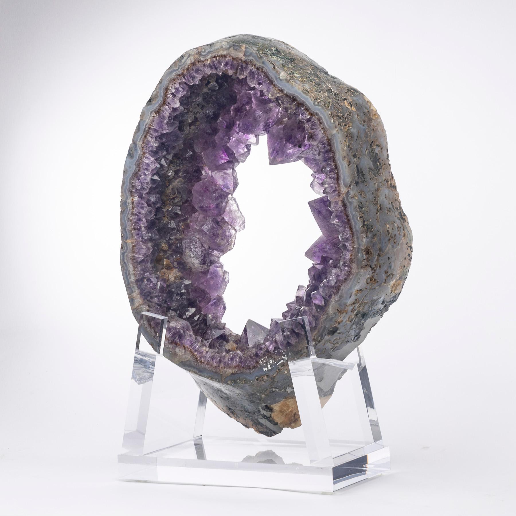 Organic Modern Uruguay Amethyst Quartz Crystals Geode on Custom Acrylic Base For Sale