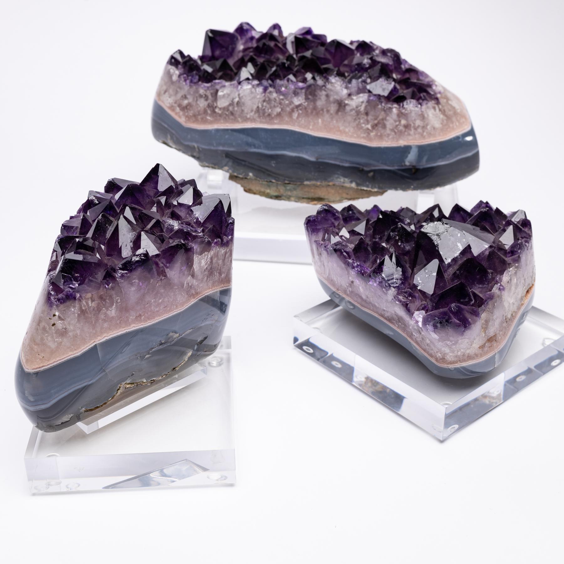 Uruguay Polished Agate with Amethysts Quartz Crystals Cluster on Acrylic Base 4