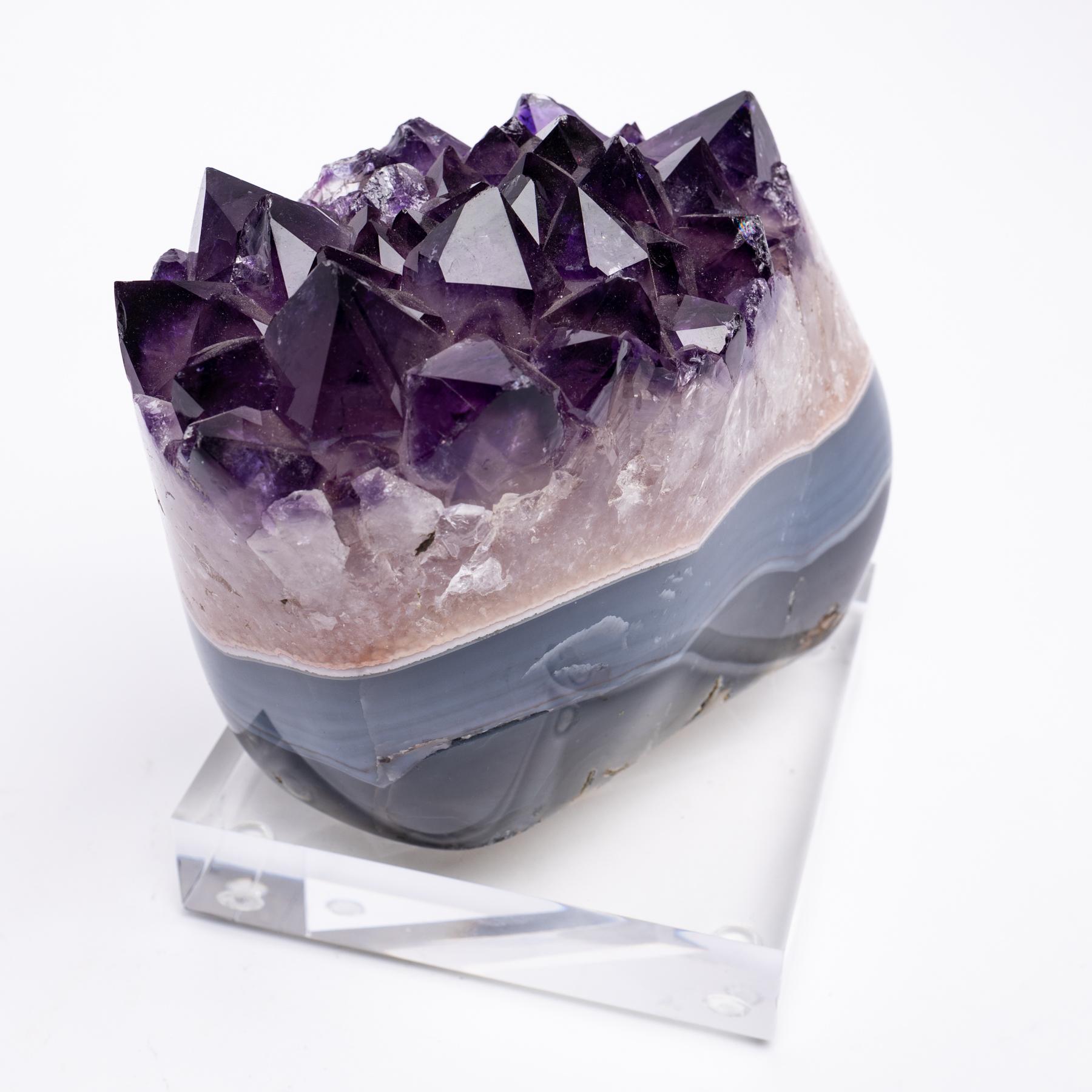 Mexican Uruguay Polished Agate with Amethysts Quartz Crystals Cluster on Acrylic Base