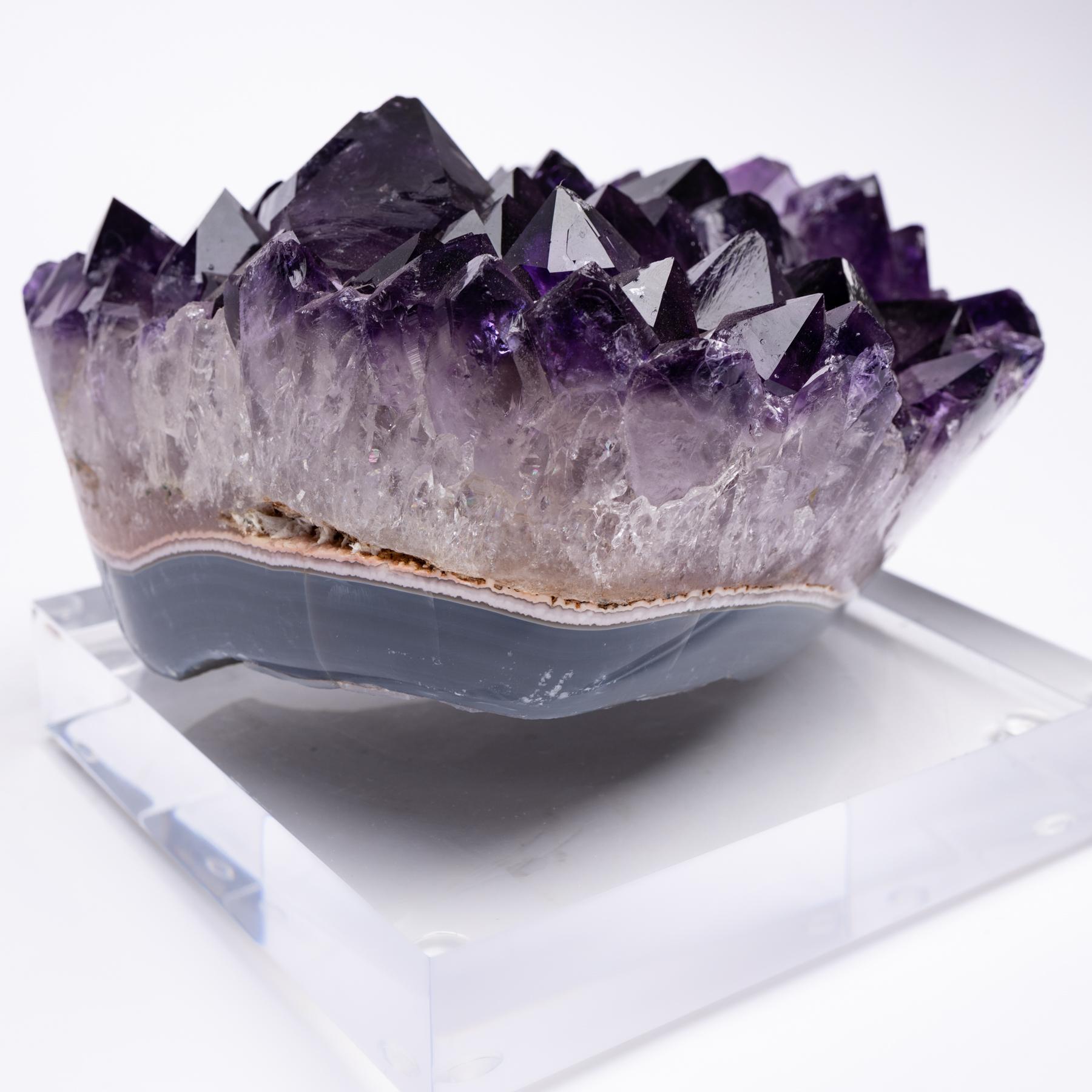 Organic Modern Uruguay Polished Agate with Amethysts Quartz Crystals Cluster on Acrylic Base