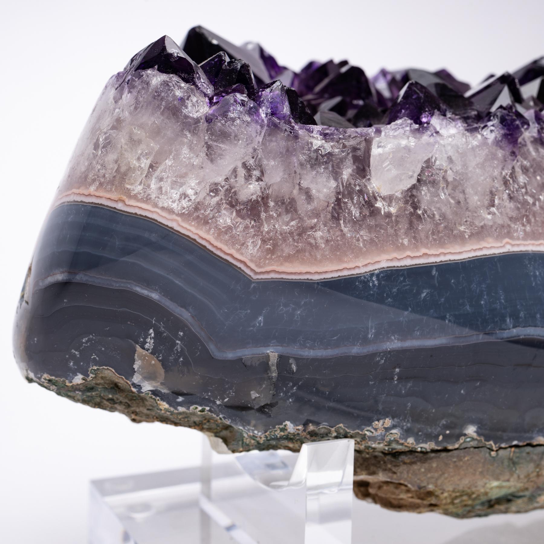 Contemporary Uruguay Polished Agate with Amethysts Quartz Crystals Cluster on Acrylic Base