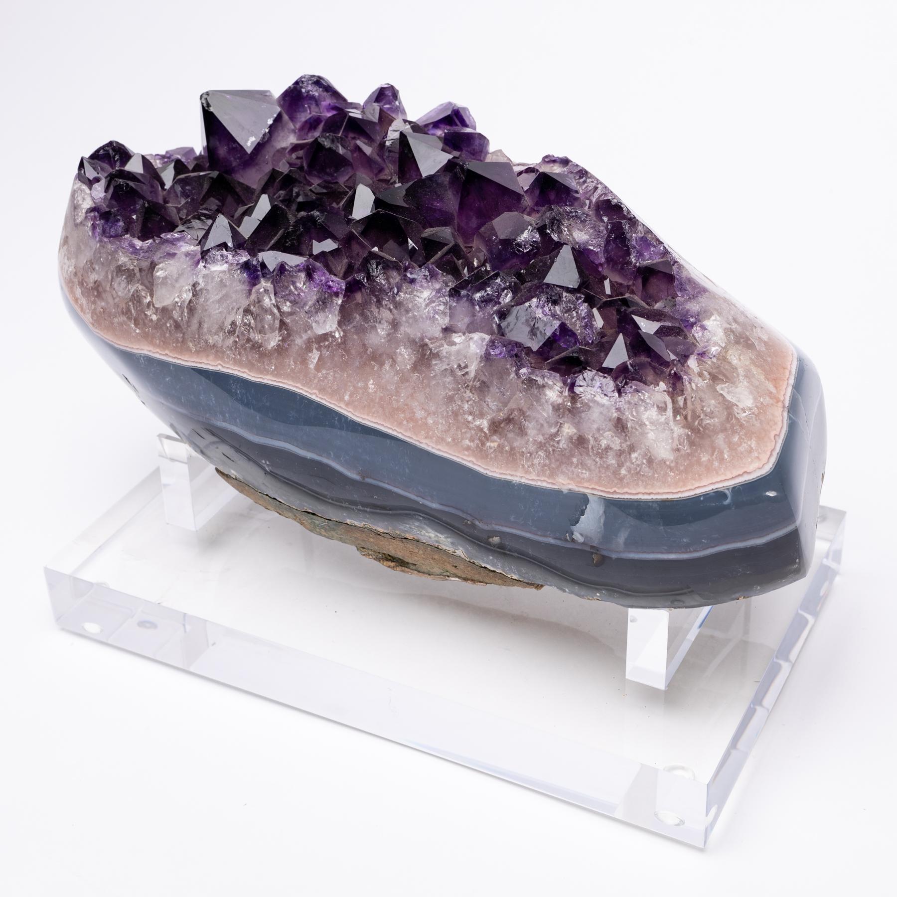 Uruguay Polished Agate with Amethysts Quartz Crystals Cluster on Acrylic Base 1