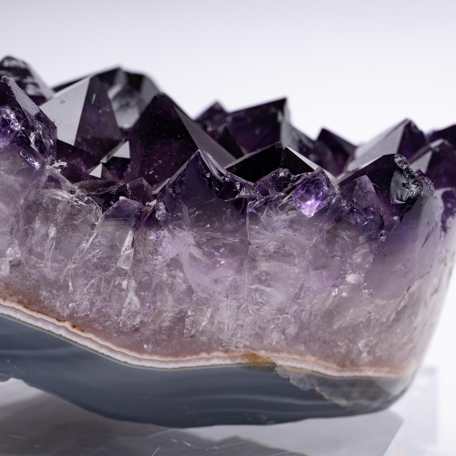 Uruguay Polished Agate with Amethysts Quartz Crystals Cluster on Acrylic Base In New Condition In Polanco, CDMX