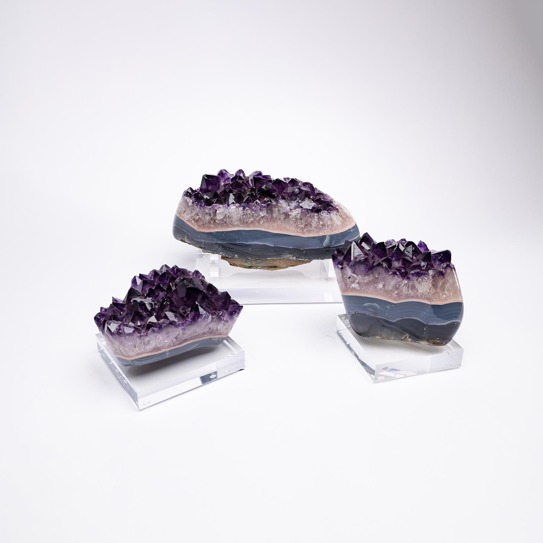 Contemporary Uruguay Polished Agate with Amethysts Quartz Crystals Cluster on Acrylic Base