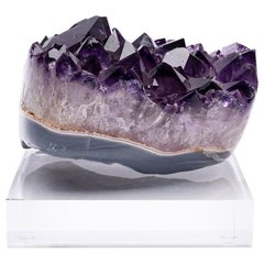 Uruguay Polished Agate with Amethysts Quartz Crystals Cluster on Acrylic Base