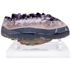 Uruguay Polished Agate with Amethysts Quartz Crystals Cluster on Acrylic Base