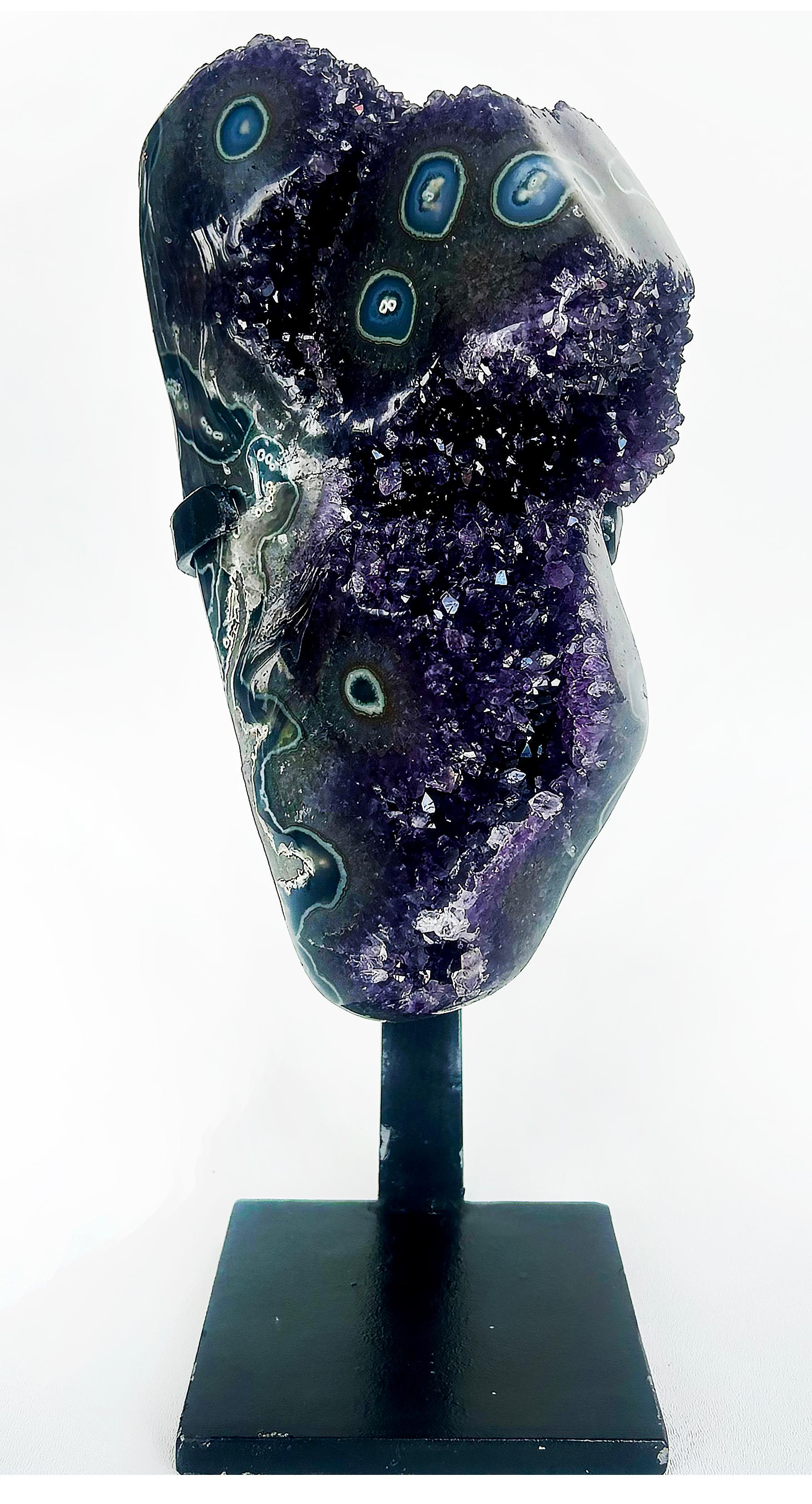 Uruguayan Amethyst Agate Eyes Geode,  Weighs 18 lbs. on Custom Made Stand For Sale 11