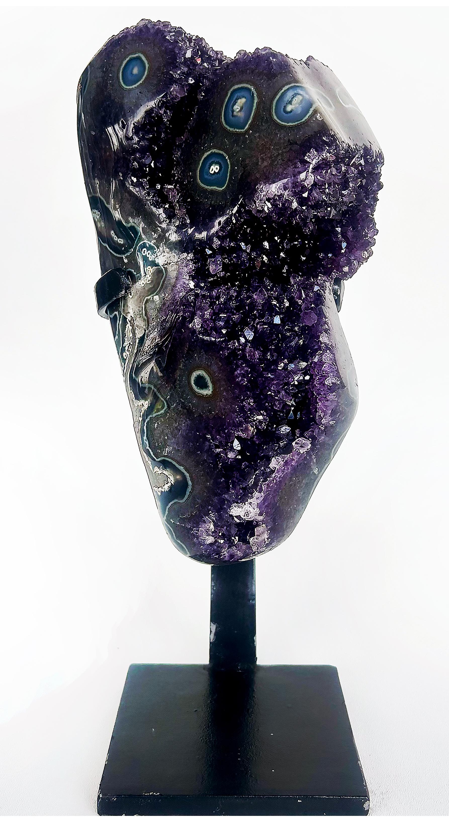 Organic Modern Uruguayan Amethyst Agate Eyes Geode,  Weighs 18 lbs. on Custom Made Stand For Sale