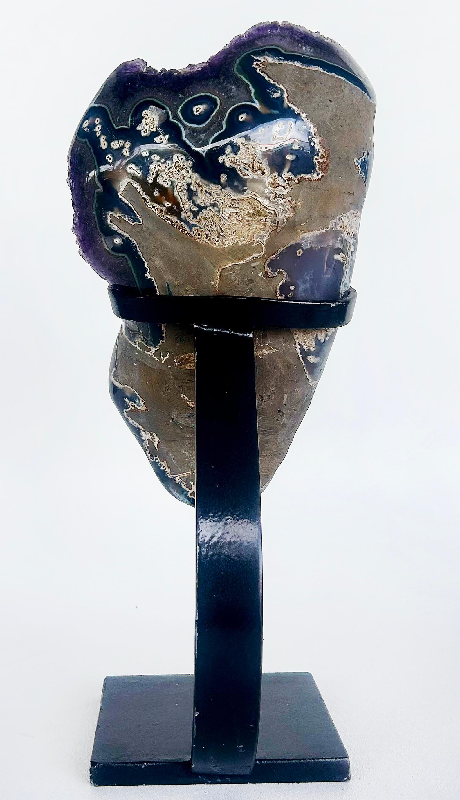 Contemporary Uruguayan Amethyst Agate Eyes Geode,  Weighs 18 lbs. on Custom Made Stand For Sale