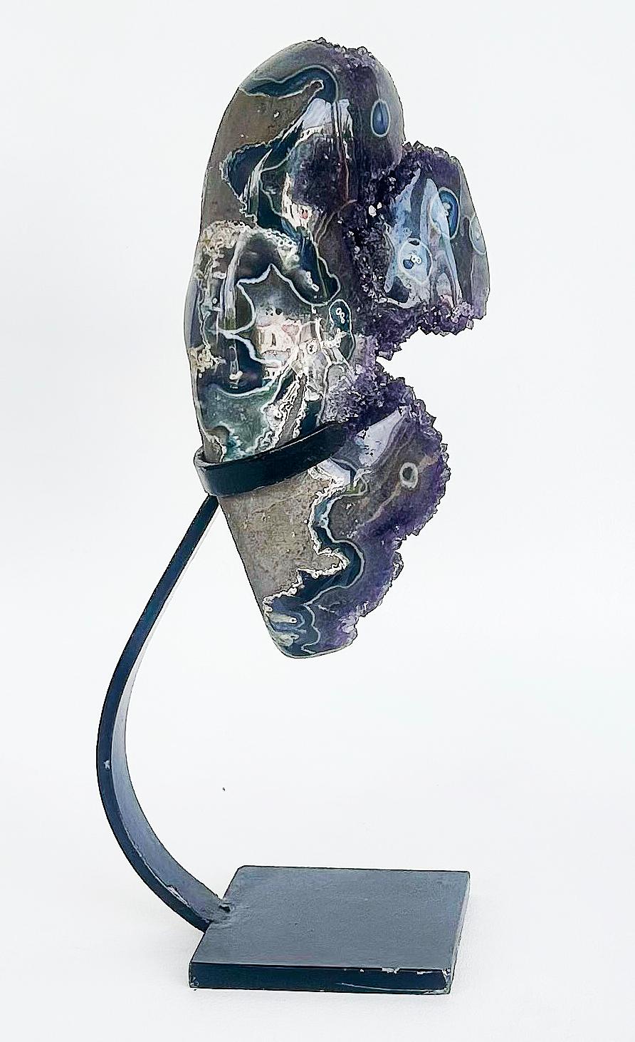 Metal Uruguayan Amethyst Agate Eyes Geode,  Weighs 18 lbs. on Custom Made Stand For Sale