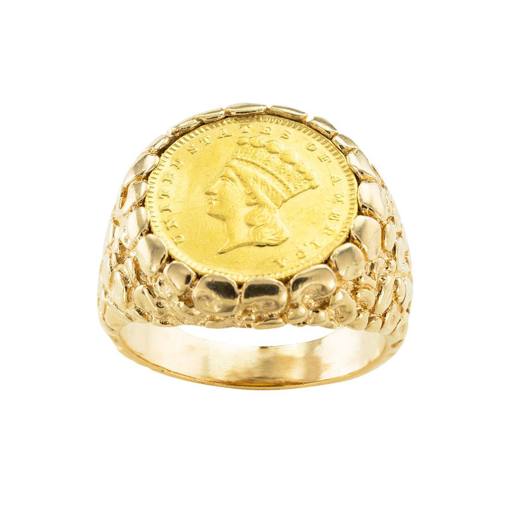 US 1856 Liberty einen Dollar Goldmünze Herrenring um 1970. *

ÜBER DIESEN ARTIKEL:  Ein Münzring ist praktisch ein fester Bestandteil einer gut sortierten Männerschmuckkollektion.  Diese Golddollarmünze von 1856 ist trotz ihres Alters in gutem