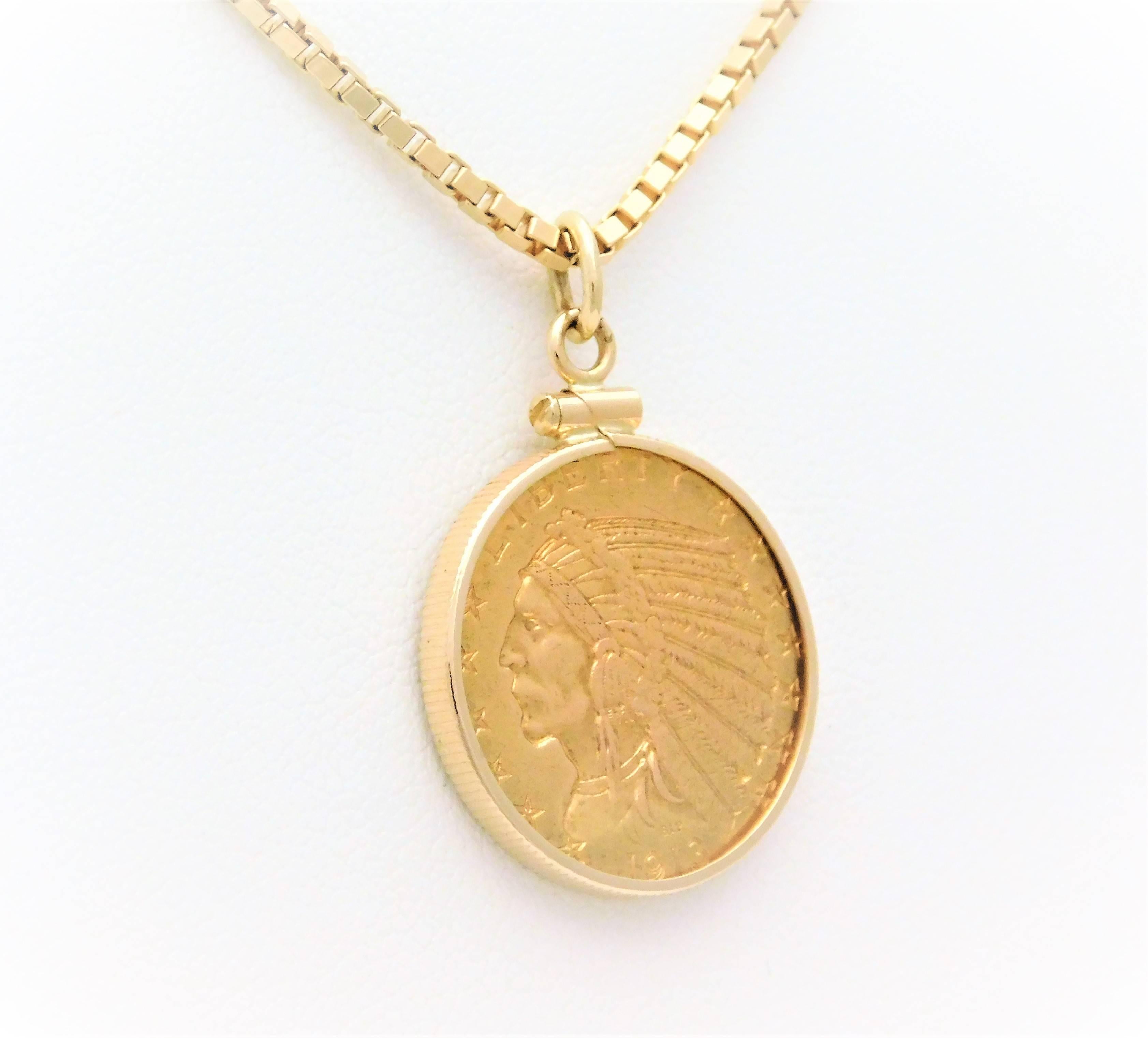 Edwardian US 1913 $5 Indian Head Coin Pendant Necklace