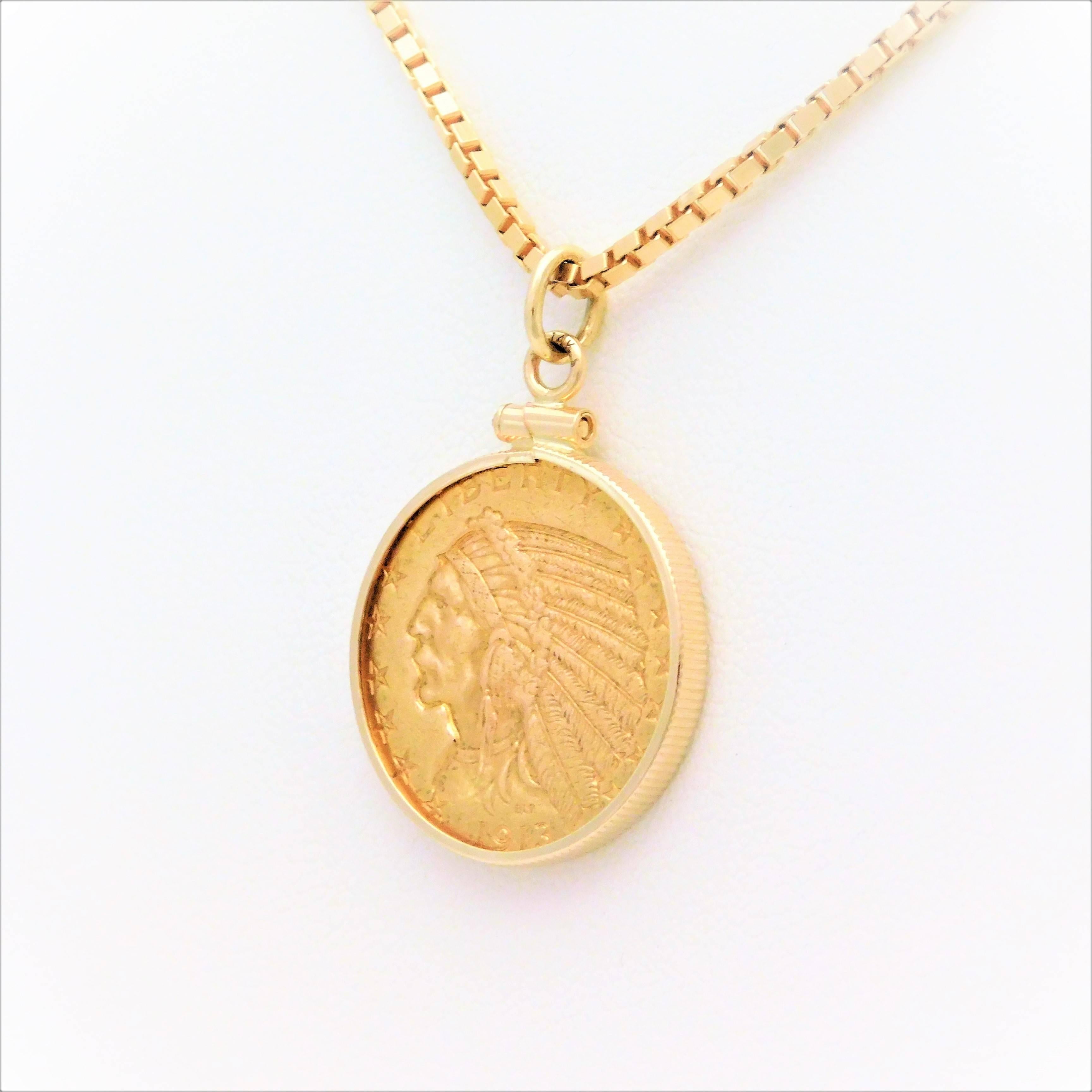 US 1913 $5 Indian Head Coin Pendant Necklace In Good Condition In Metairie, LA