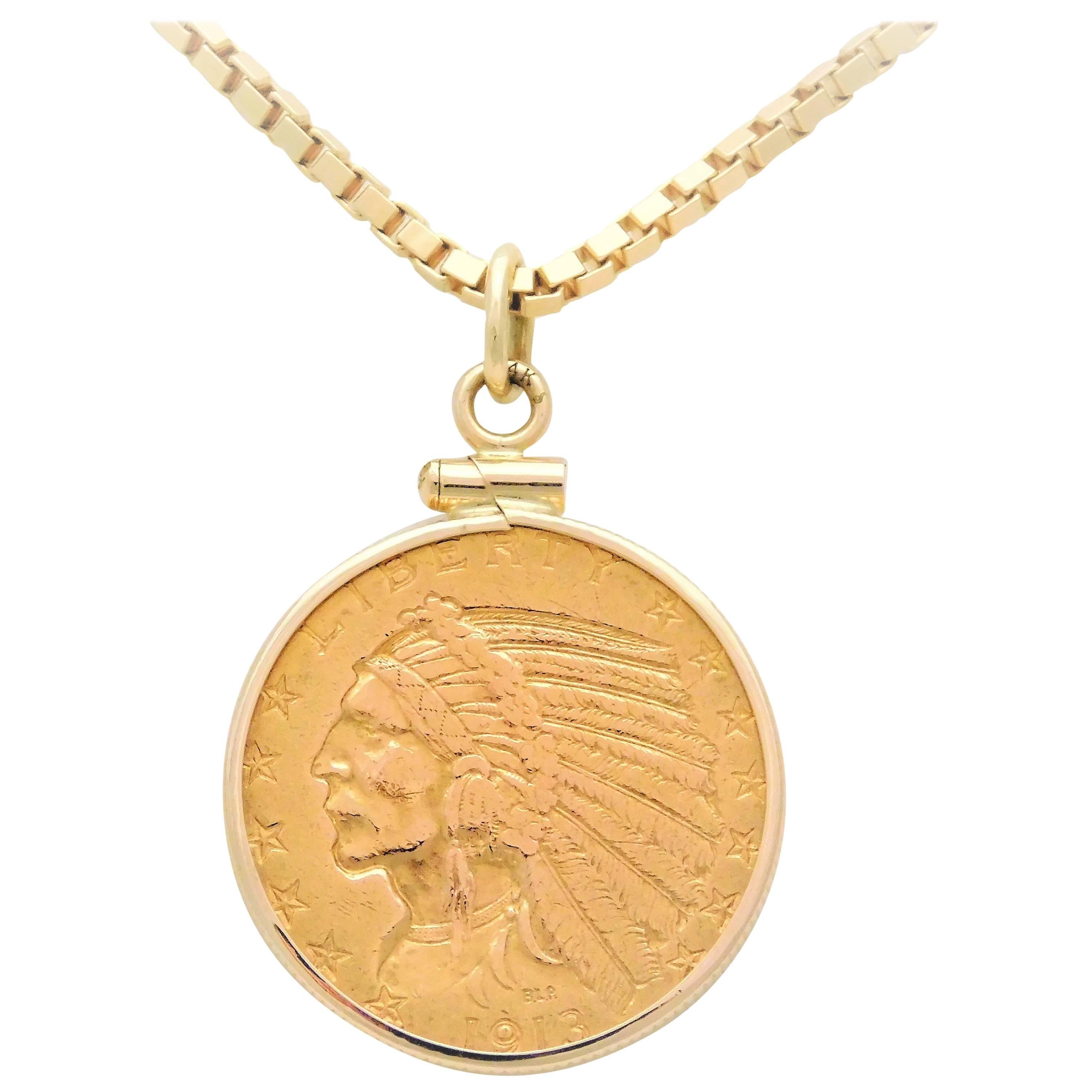 US 1913 $5 Indian Head Coin Pendant Necklace