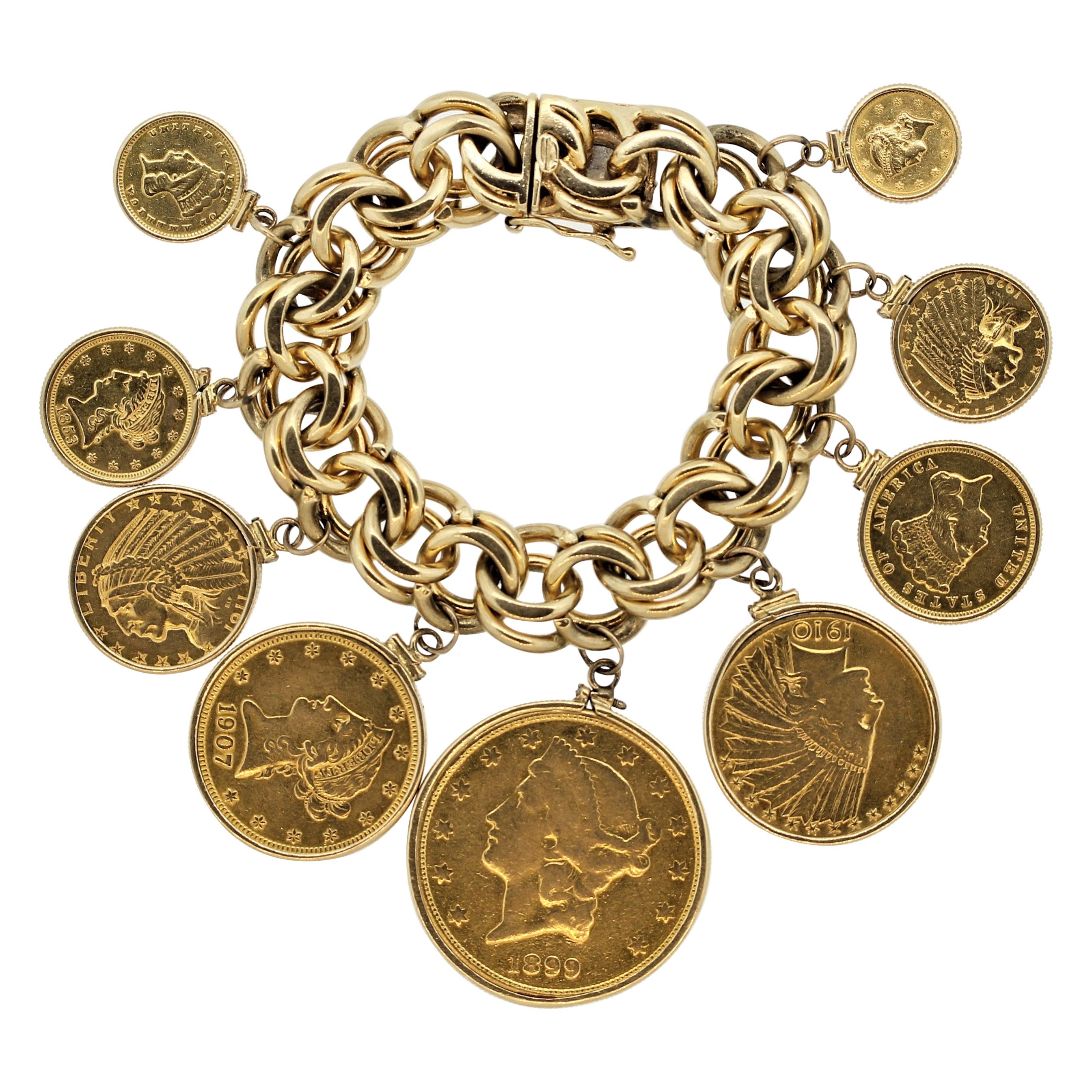 US Antique Gold Coin Charm Bracelet