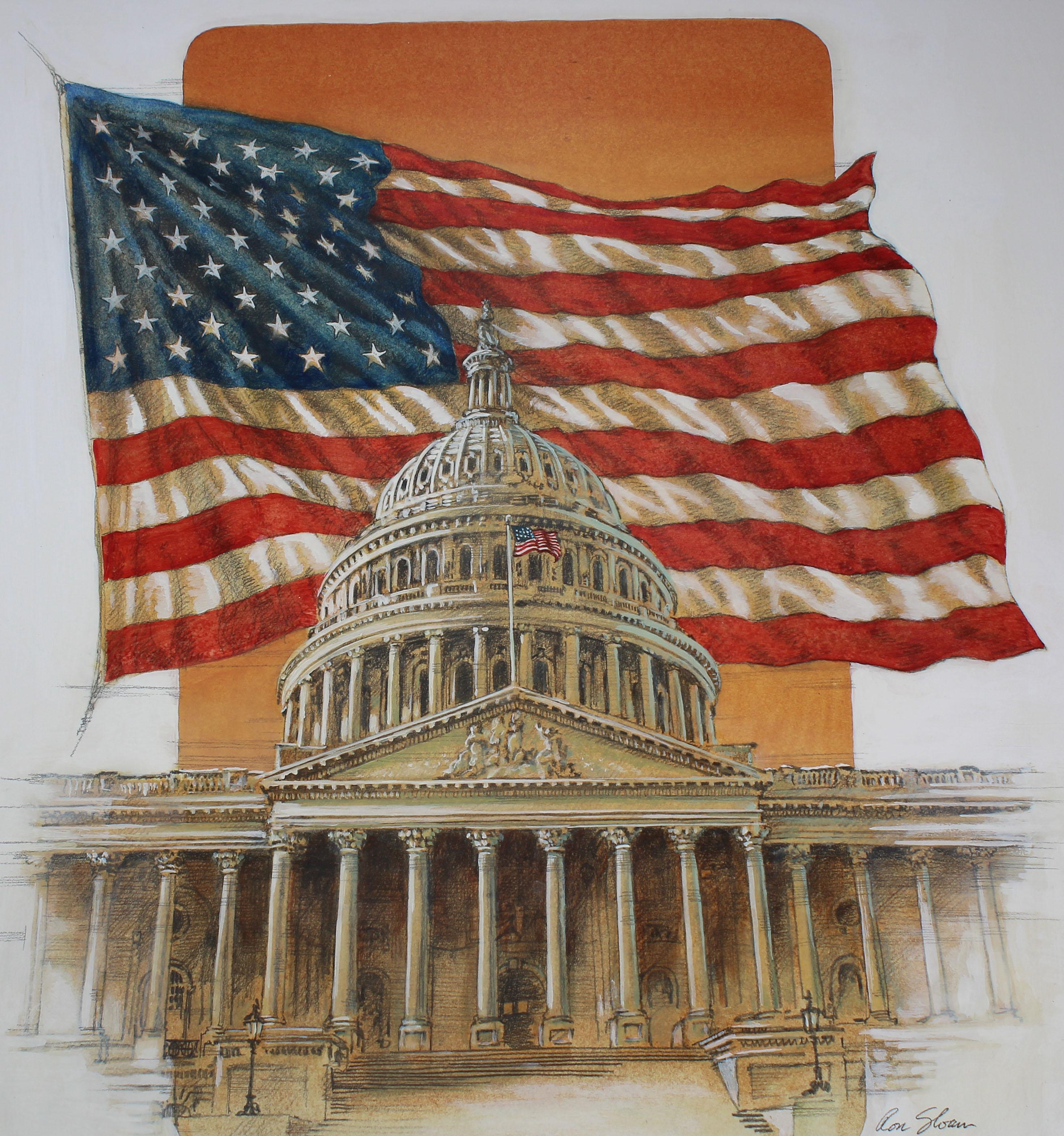 Presented is “U.S. Flag Behind Capitol,” an original mixed-media painting by American artist Ron Sloan.  The drawing shows an intricately detailed rendering of the front entrance to the United States Capitol building. Behind the Capitol is a large,