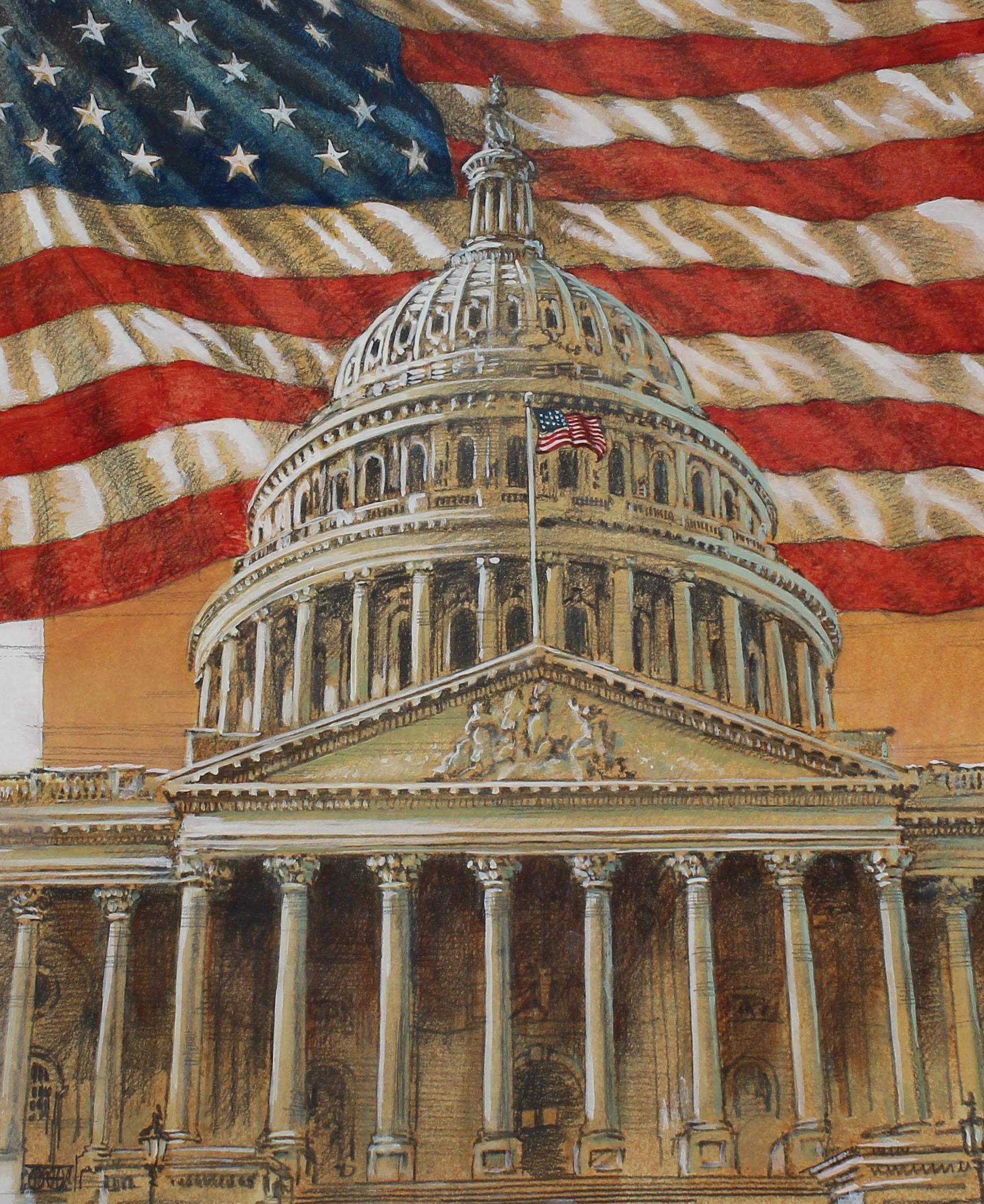 « U.S. Flag Behind Capitol » de Ron Sloan, peinture multimédia, 1985 Bon état - En vente à Colorado Springs, CO