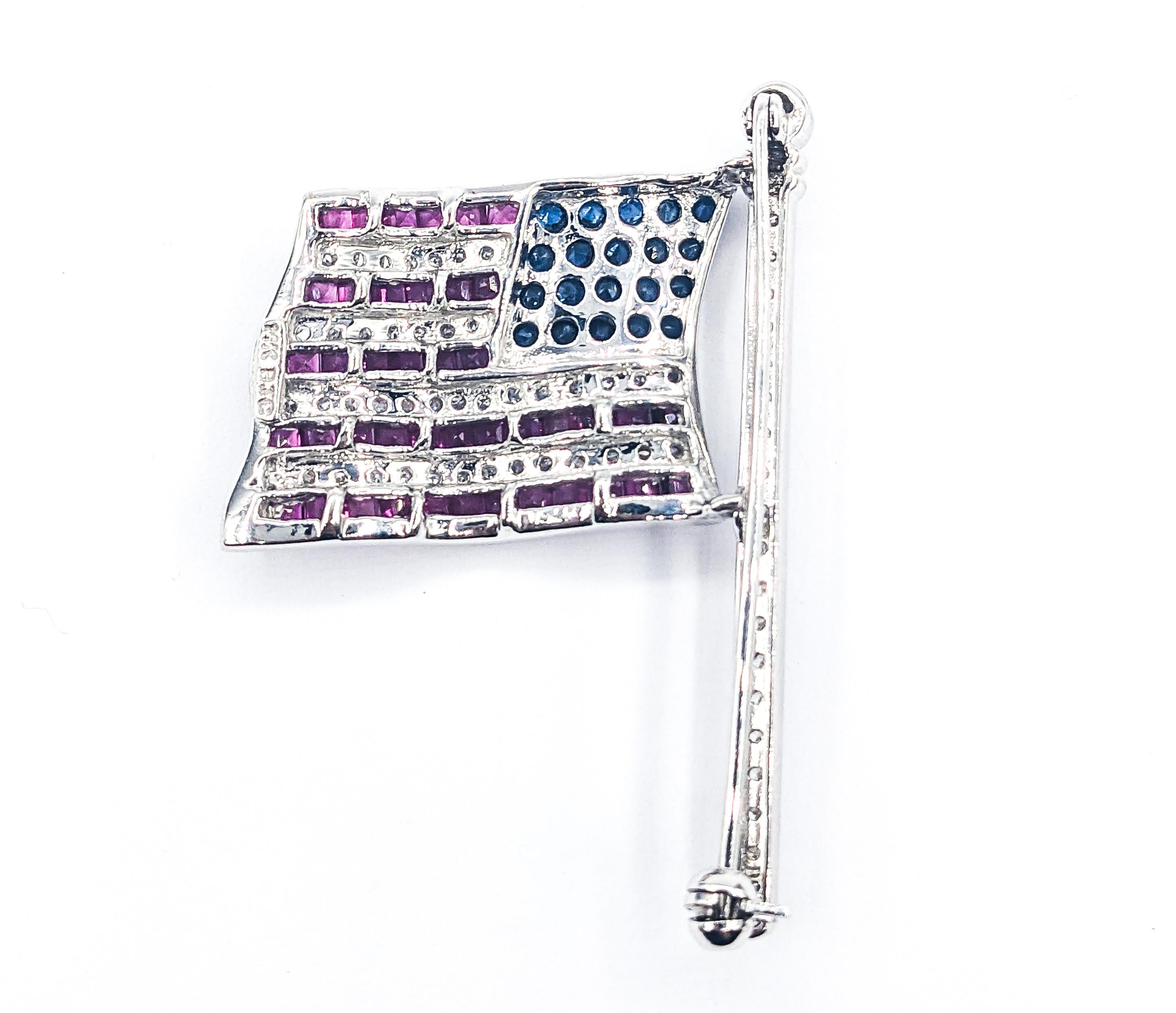 Femenino o masculino Pin Bandera de EEUU con Zafiro, Rubí y Diamantes en Oro Blanco