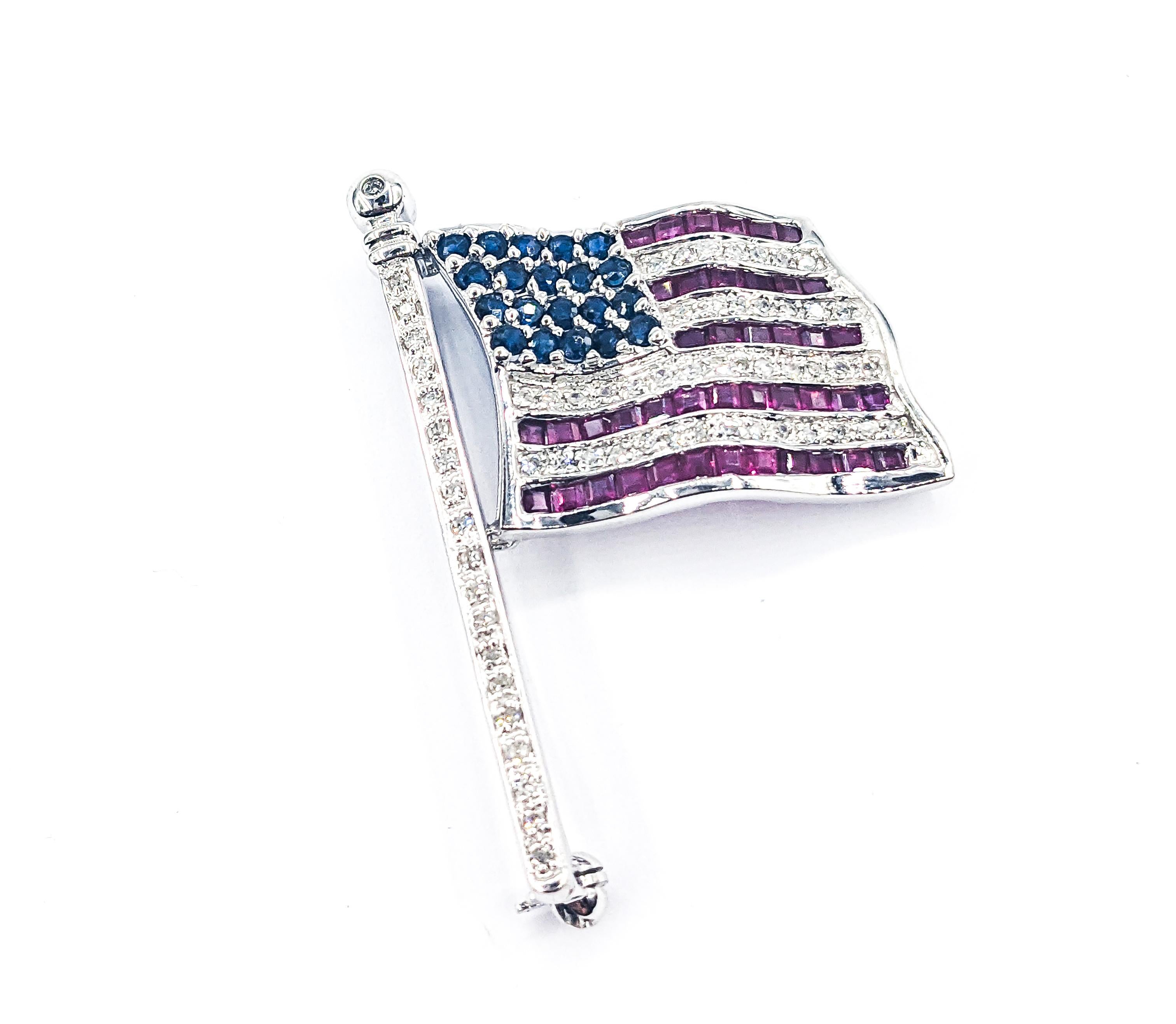 Pin Bandera de EEUU con Zafiro, Rubí y Diamantes en Oro Blanco 1