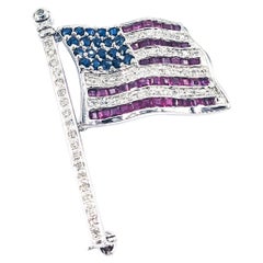 Pin Bandera de EEUU con Zafiro, Rubí y Diamantes en Oro Blanco