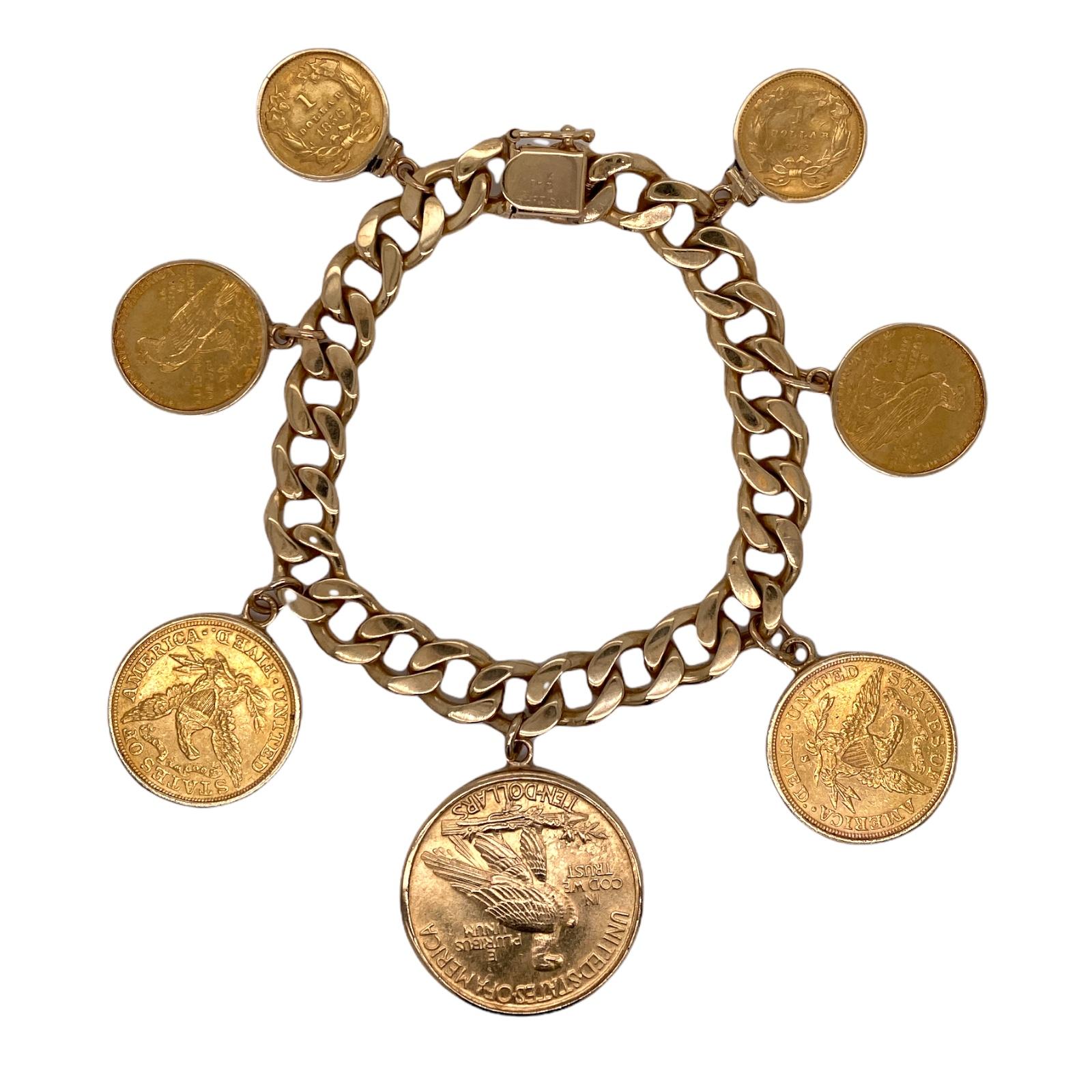 Fabulous vintage coin charm bracelet fashioned in 14 karat yellow gold. The 22 karat US gold coins are 2 x $1.00, 2 x $2.50, 2 x $5.00, and 1 x $10.00 coins circa late 1800's. The Cuban link bracelet measures 7 inches in length and approximately .40