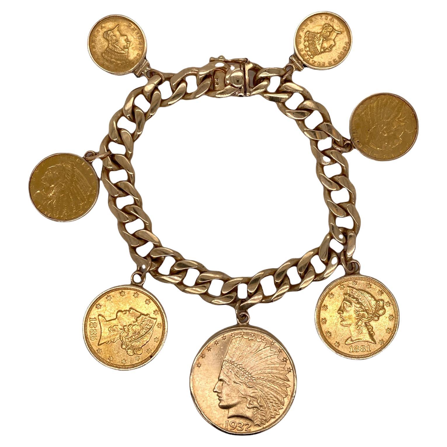 US Gold Coin Cuban Link Charm Vintage Bracelet 22k/ 14K Yellow Gold