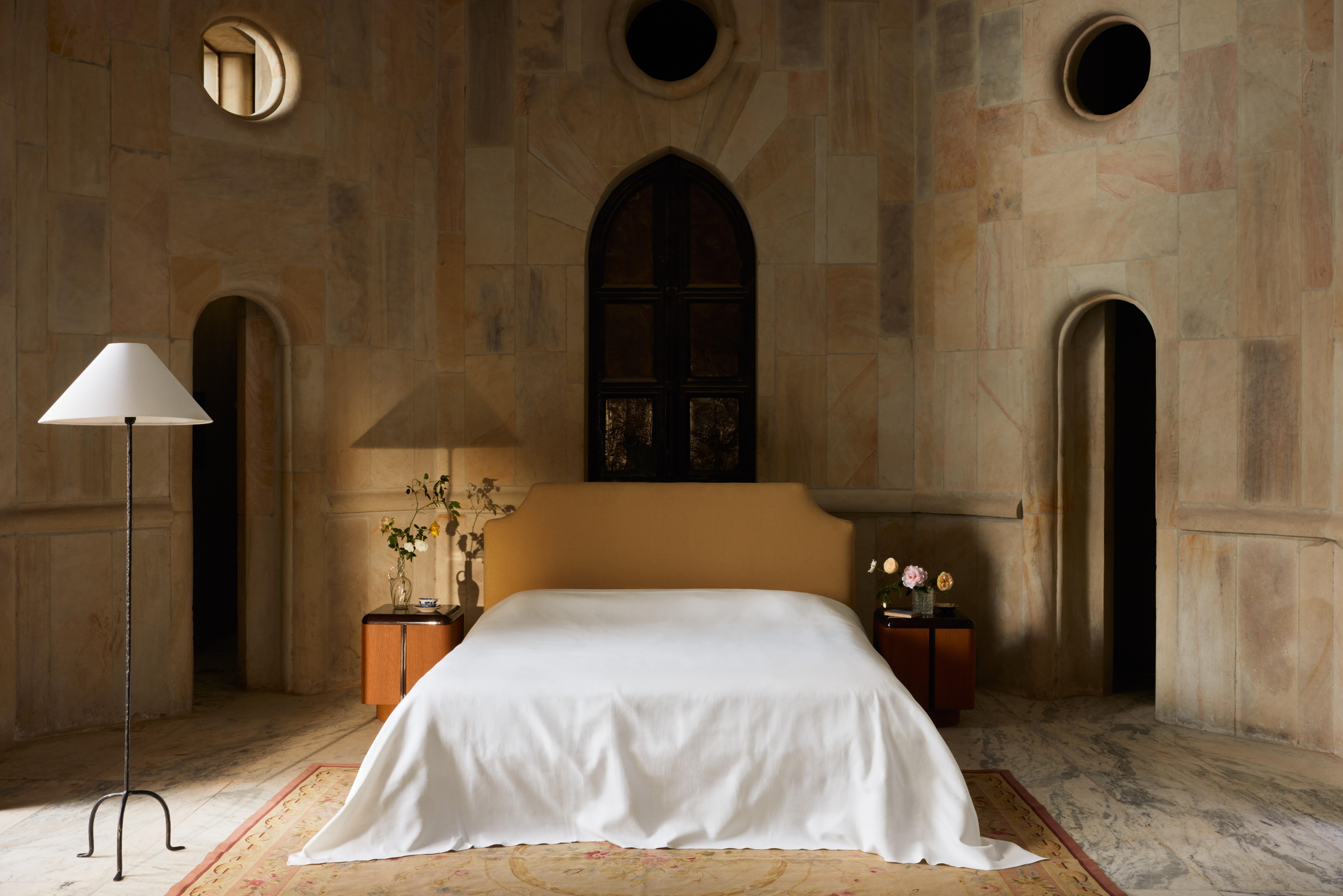 Minimalist US King Size Cabana Headboard upholstered in Romo Linara For Sale
