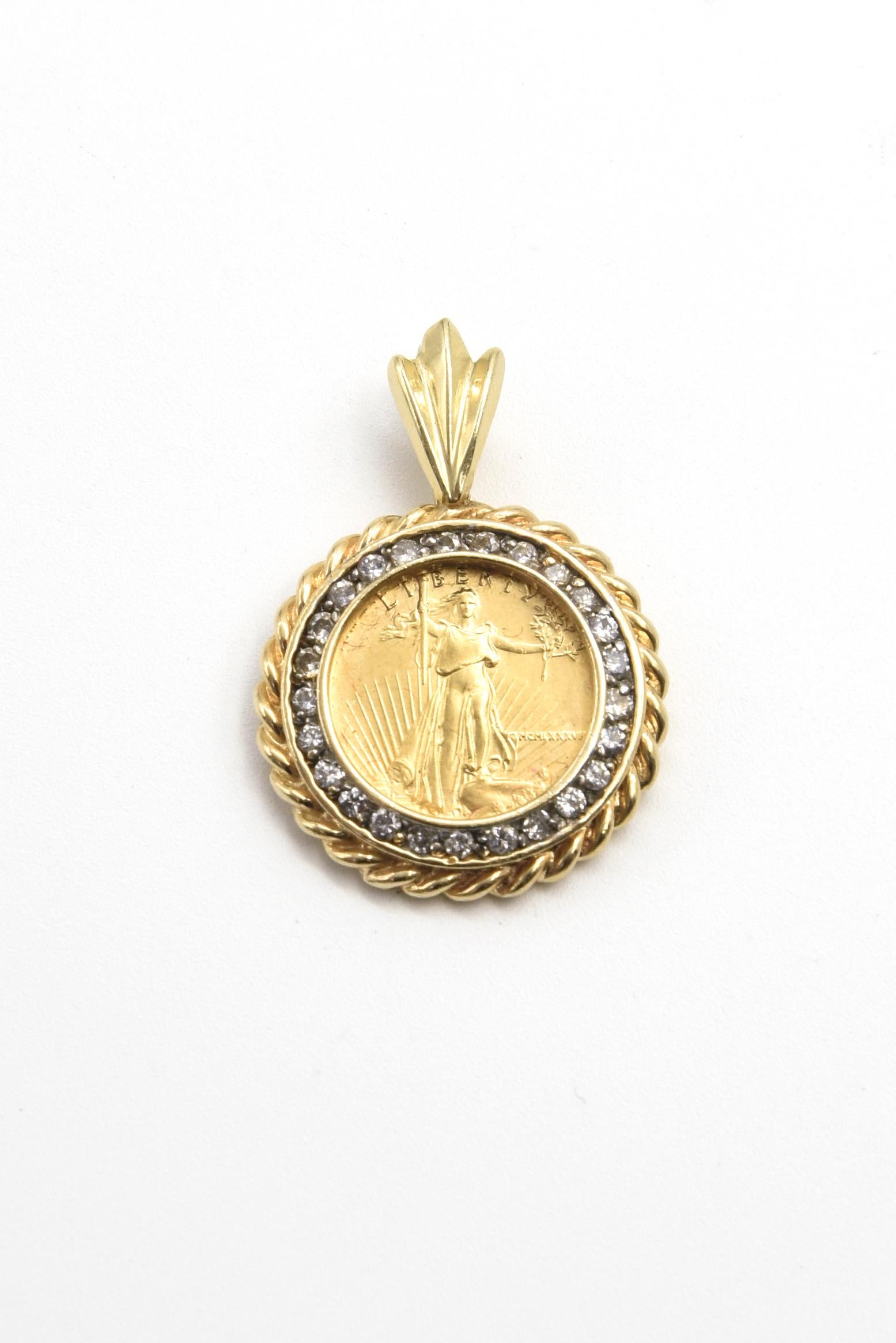 US Liberty $5 Coin has been bezel set in a 14k yellow gold frame that contains 25 prong set full cut diamonds weighting approximately .02 carats each for a total approximate weight of .50 carats.  The diamonds are H-I color I1-I2 clarity.  The coin