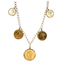 US Liberty Gold Coin Drop Dangle Yellow Gold Open Link Necklace